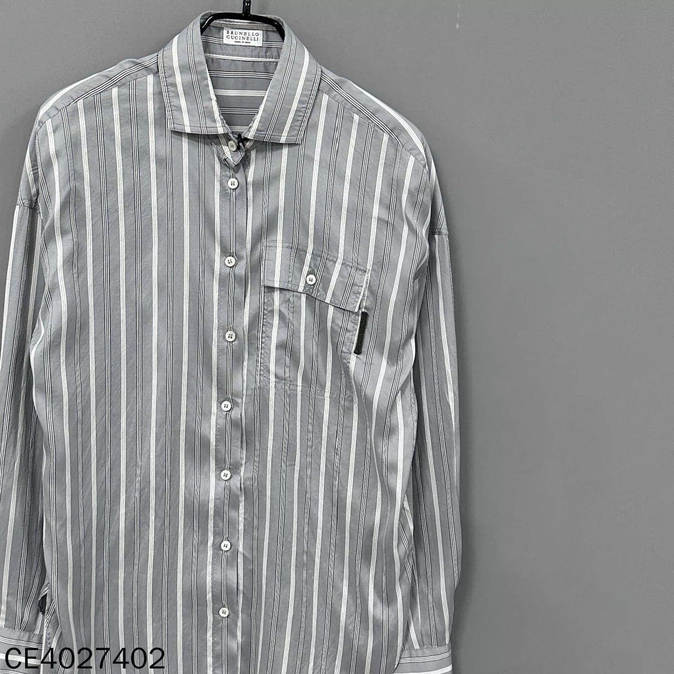 Brunello Cucinelli BC Beaded Silk White Gray Stripe Shirt S Size S / US 4 / IT 40 - 2 Thumbnail