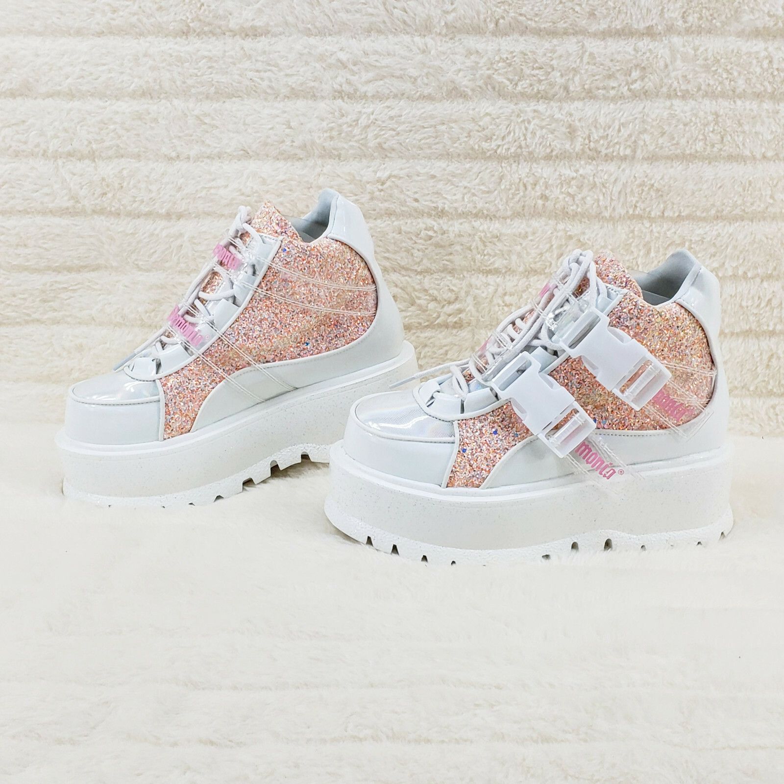 DEMONIA Slacker 50 White Pink Glitter Platform Sneaker Ankle