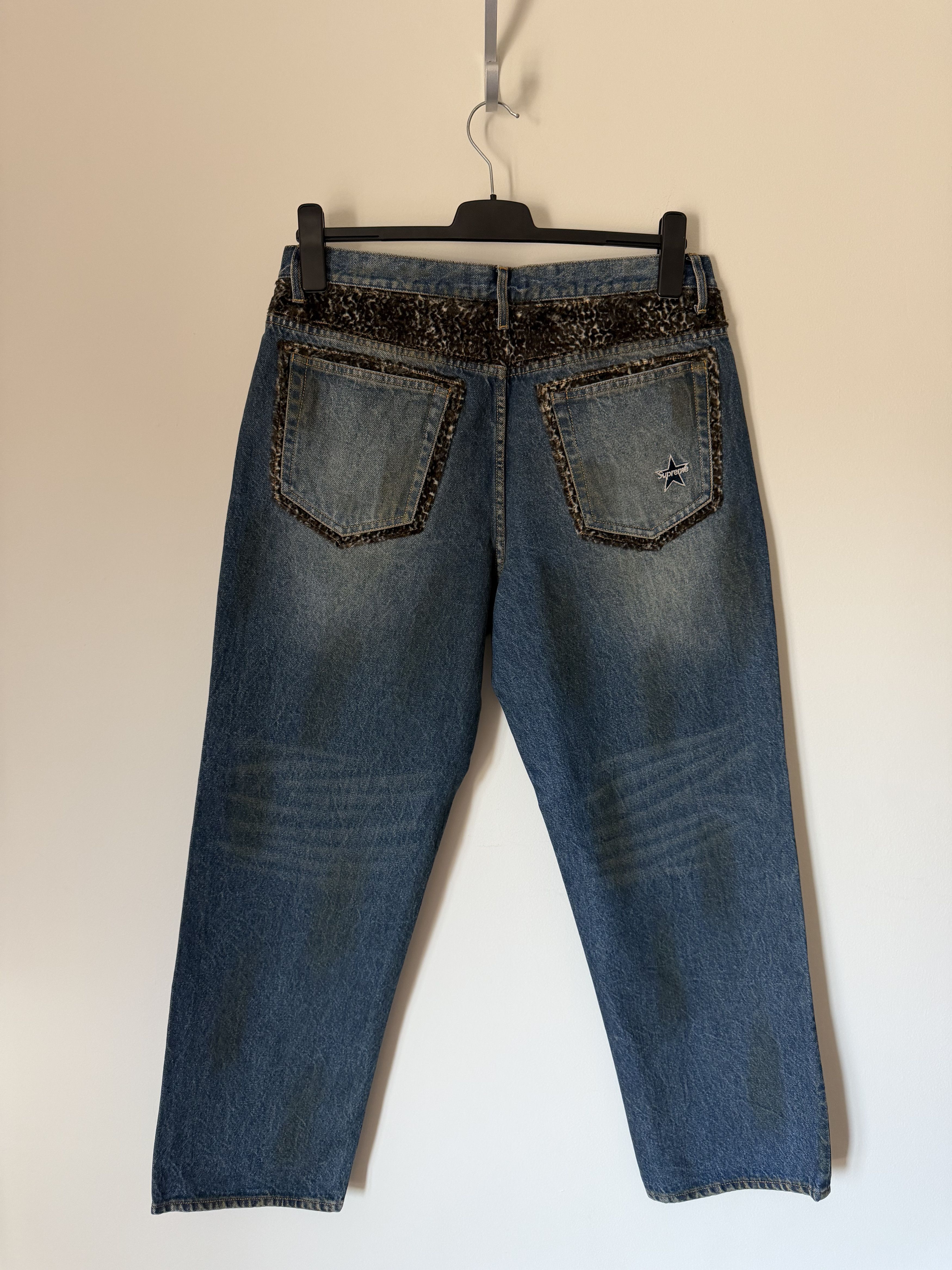 Supreme Leopard Faux Fur Loose Fit Jeans in Washed Indigo