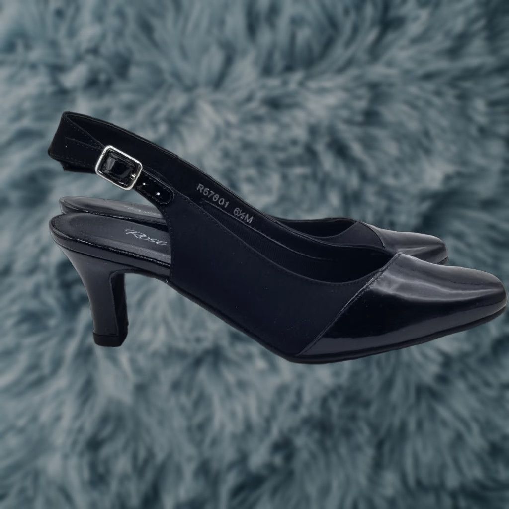 Vintage ROSE PETALS by Walking Cradles Ramona Black W Slingback Pumps - Size 6, Mid Heel, Buckle, Silver-Tone Accent, Women, Heel Shoes Size US 6 / IT 36 - 1 Thumbnail