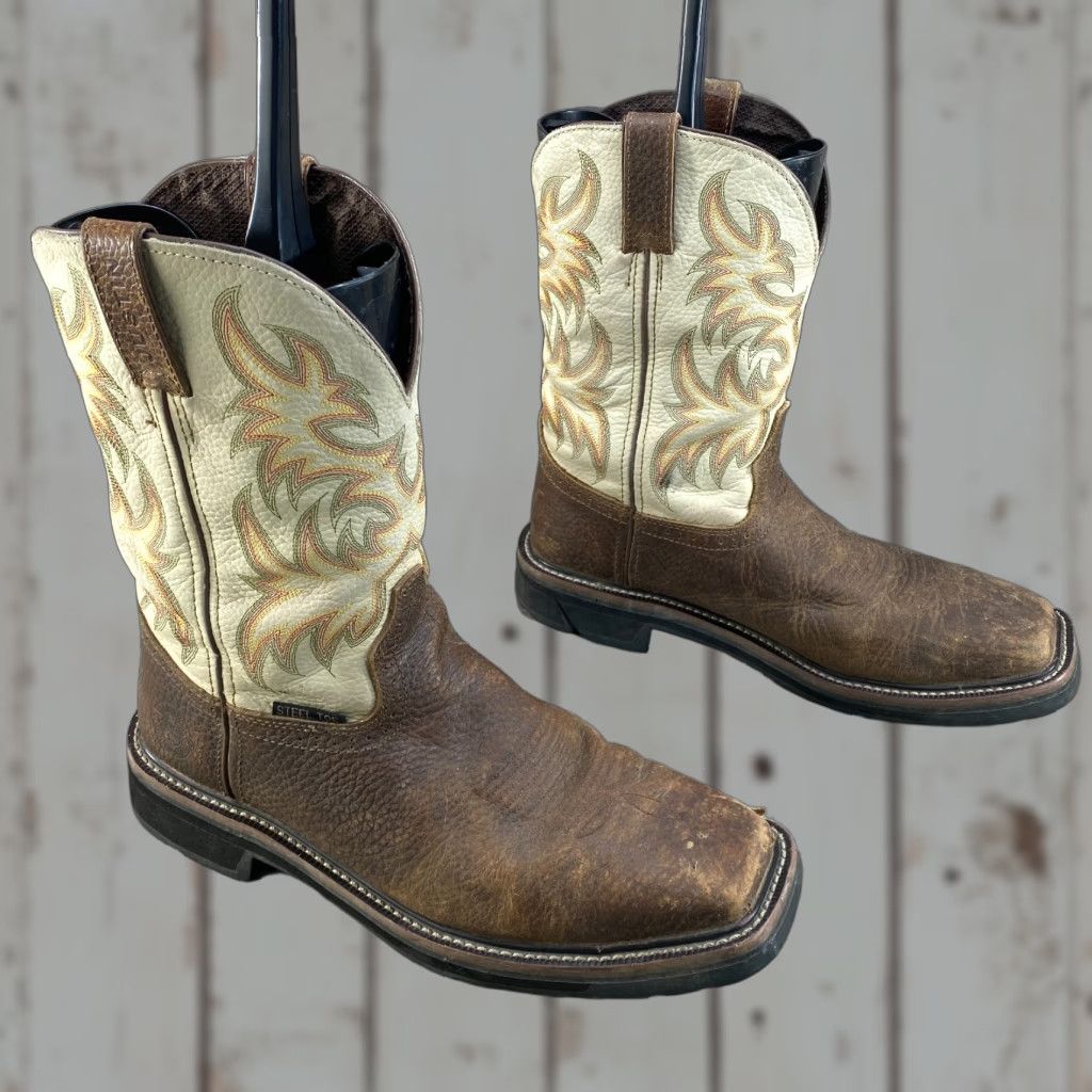Vintage VINTAGE Justin Driller Mens 10 D Brown Leather Steel Toe Cowboy Western Boots Square Toe WK4684 Leather Boots Brown Cowboy Steel Toe Boots Men Size US 10 / EU 43 - 1 Thumbnail