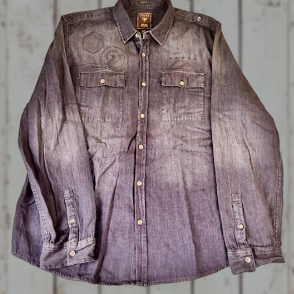 Guess GUESS XL Button-Down Shirt Slim Fit Navy with Shoulder Straps Logo Chest Long Sleeve Mens Size US XL / EU 56 / 4 - 1 Thumbnail