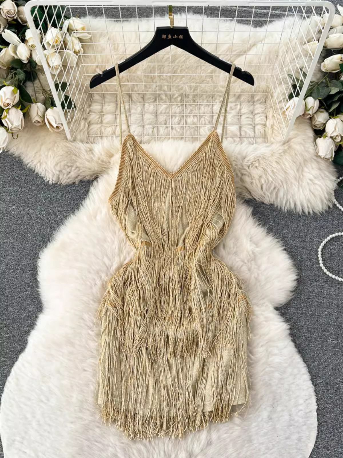image of Vintage Sexy Cutout Backless Hair Fringe Patchwork Halter Dress in Khaki, Women's (Size Medium)