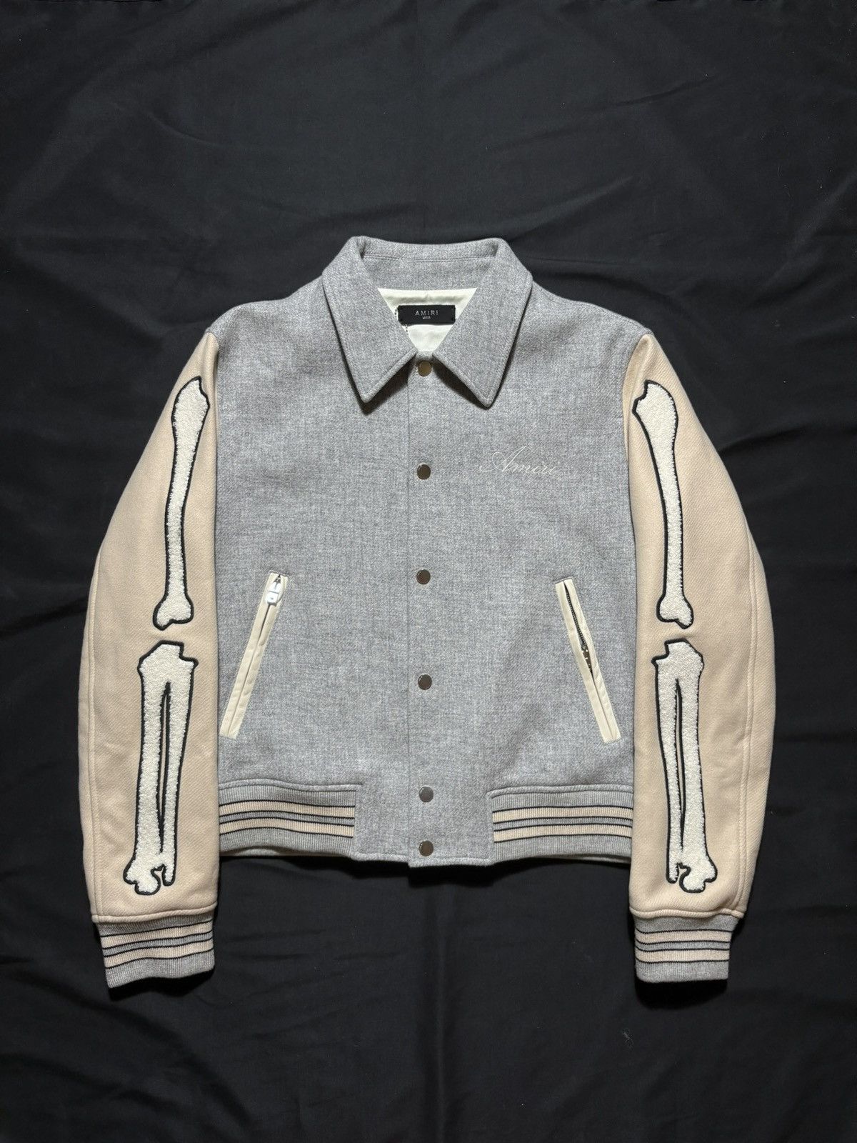 Amiri Amiri Gray/Beige Bones Varsity Jacket - Large Size US L / EU 52-54 / 3 - 1 Thumbnail