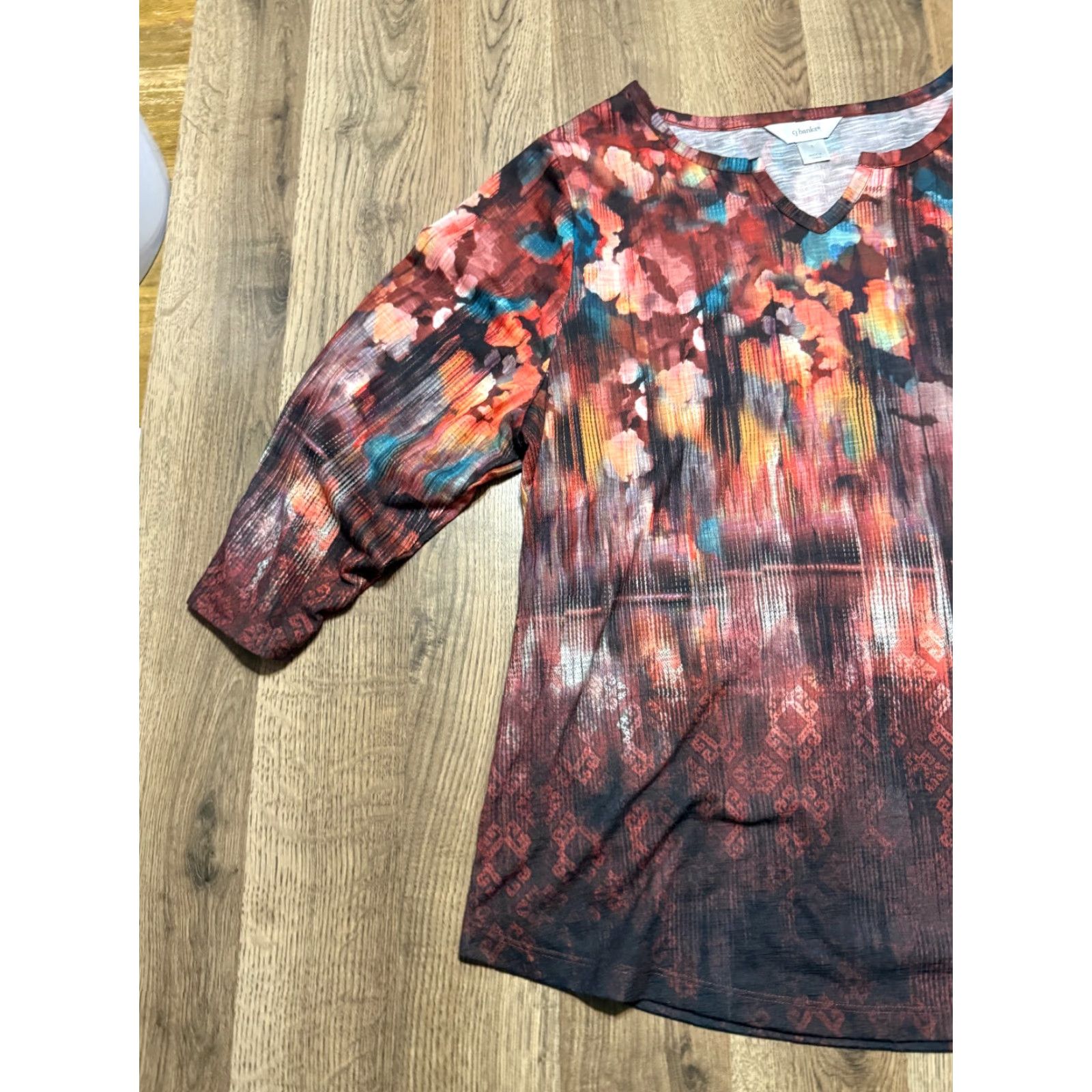 Vintage CJ Banks Shirt Women's 1X V-Neck 3/4 Sleeve T-Shirt Casual Red Orange Blue Black Satin? Size XL / US 12-14 / IT 48-50 - 3 Thumbnail