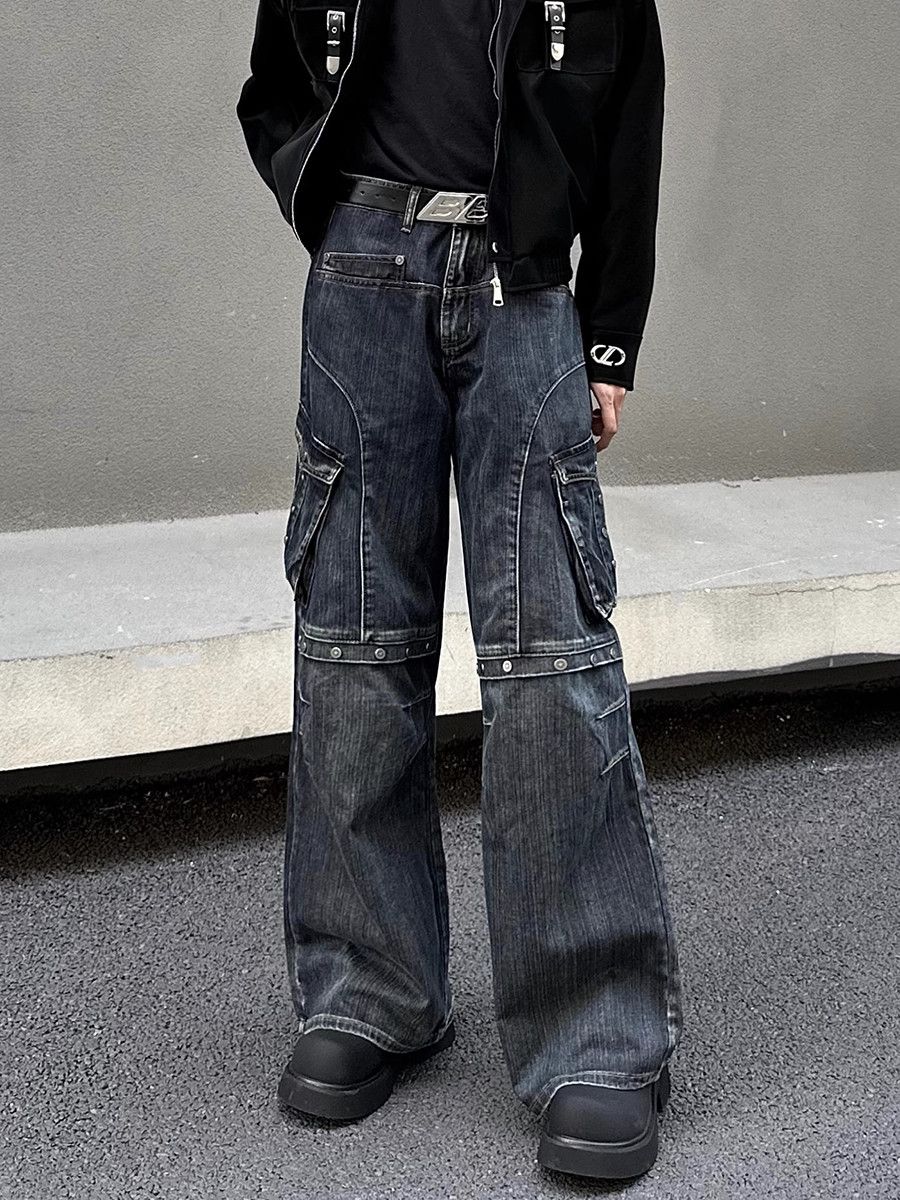 Japanese Brand × Jean Rivet Pleated Flared Wide Leg Distorted Jeans Size US 29 - 1 Thumbnail