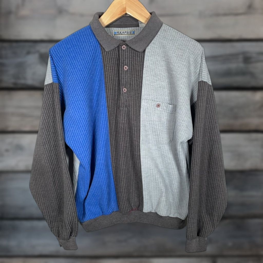 Vintage 80s Waffle Knit Long Sleeve Polo Shirt Adult Large Gray Blue Striped Huk-a-poo Size US L / EU 52-54 / 3 - 1 Thumbnail