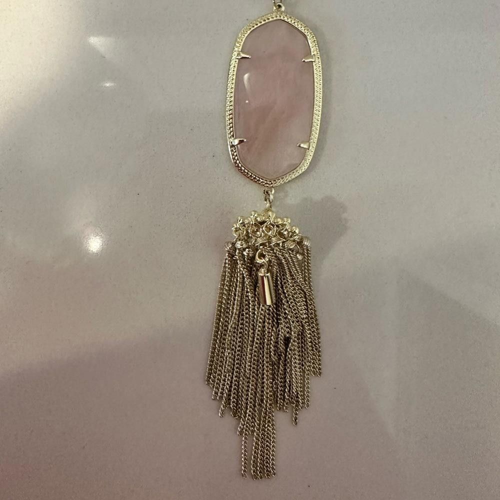 Kendra Scott Kendra Scott Rayne Long Pink Quartz and Gold Tassel Necklace Size ONE SIZE - 1 Thumbnail