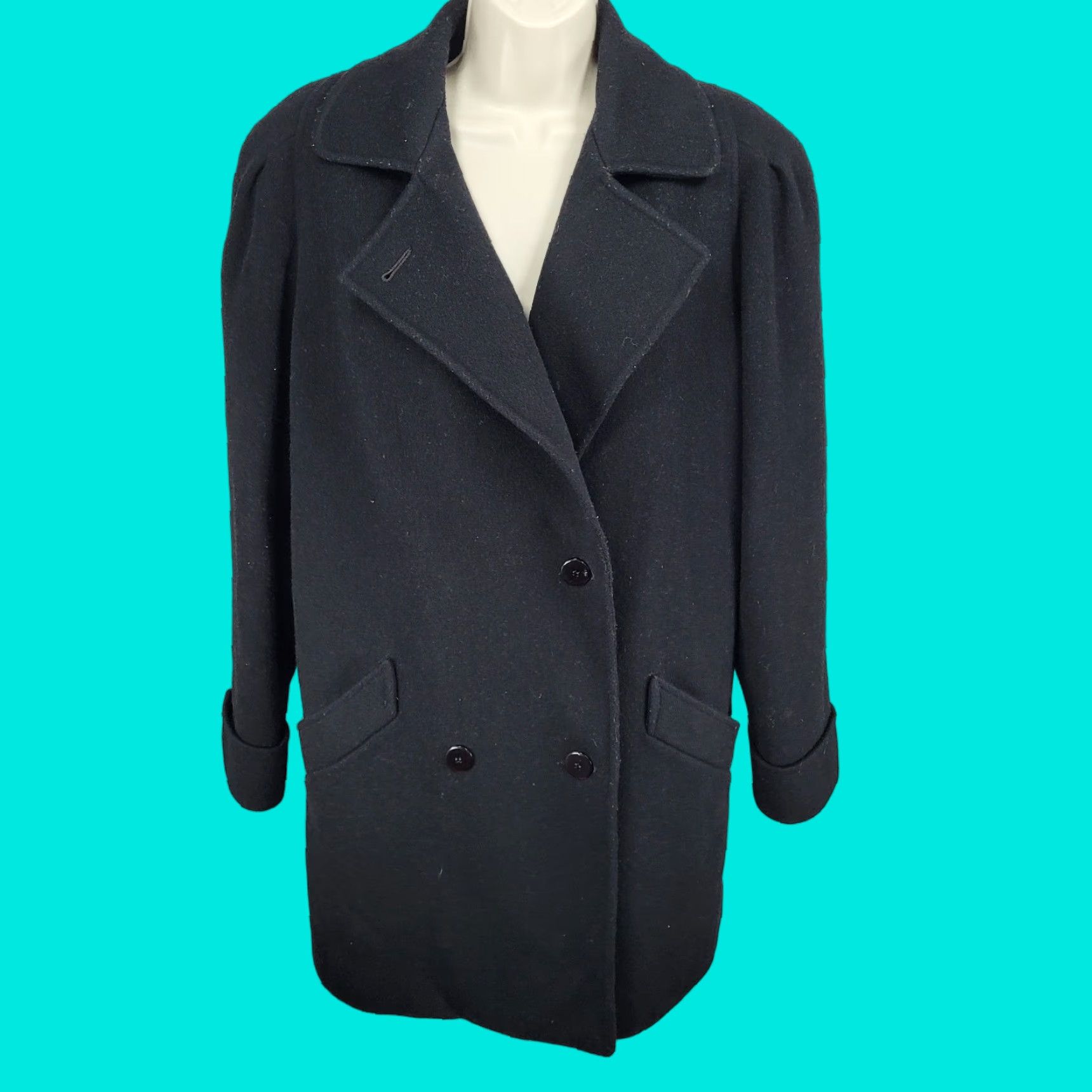 VINTAGE Alorna Coat Overcoat Wool Blend Double Breasted Buttoned Black L Large Women Pit to Pit 21.5 Shoulder to Hem 35 Sleeve 23.5