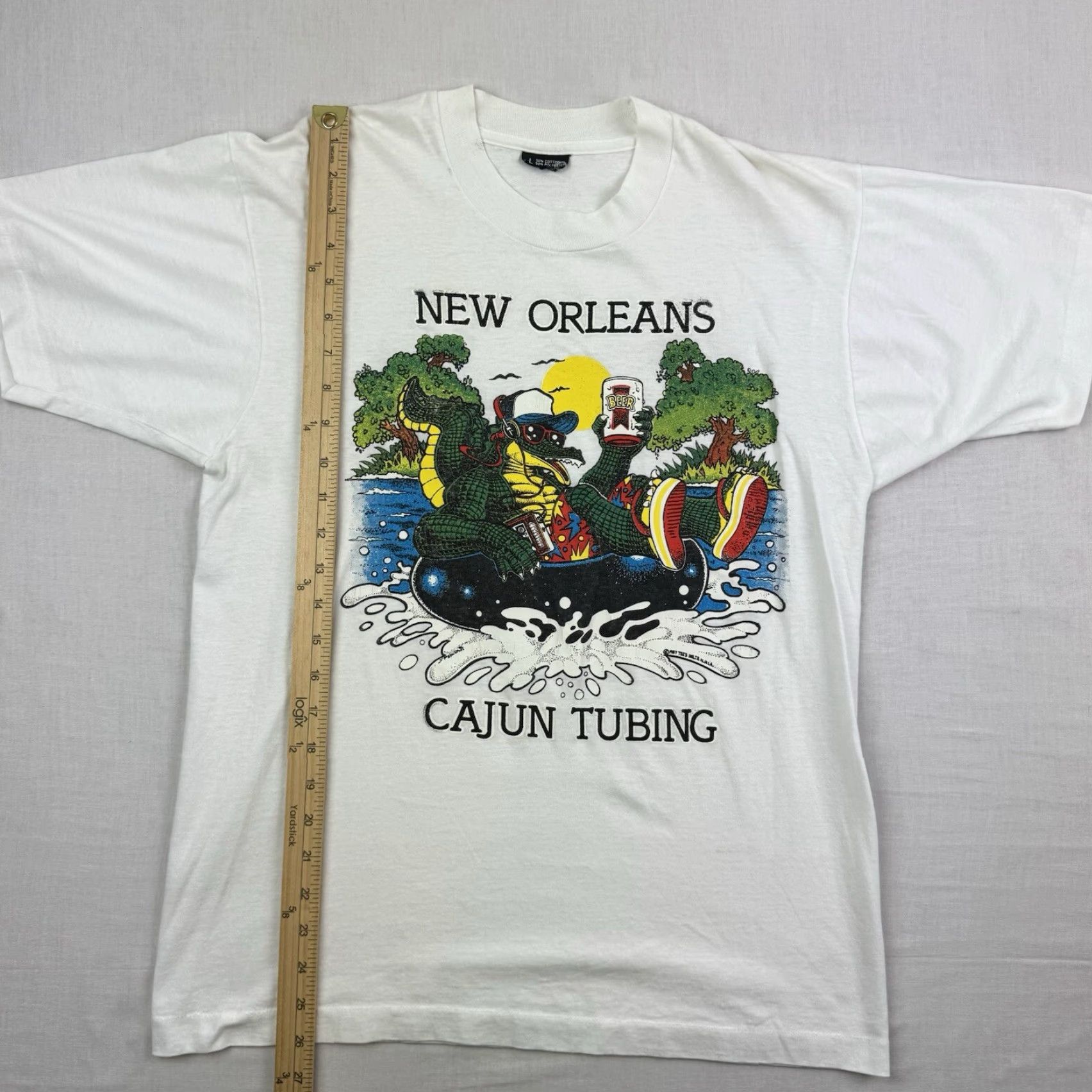 Vintage VINTAGE Cajun Tubing T-Shirt Adult Large White Graphic Print Funny 1980s Mens Size US L / EU 52-54 / 3 - 5 Thumbnail