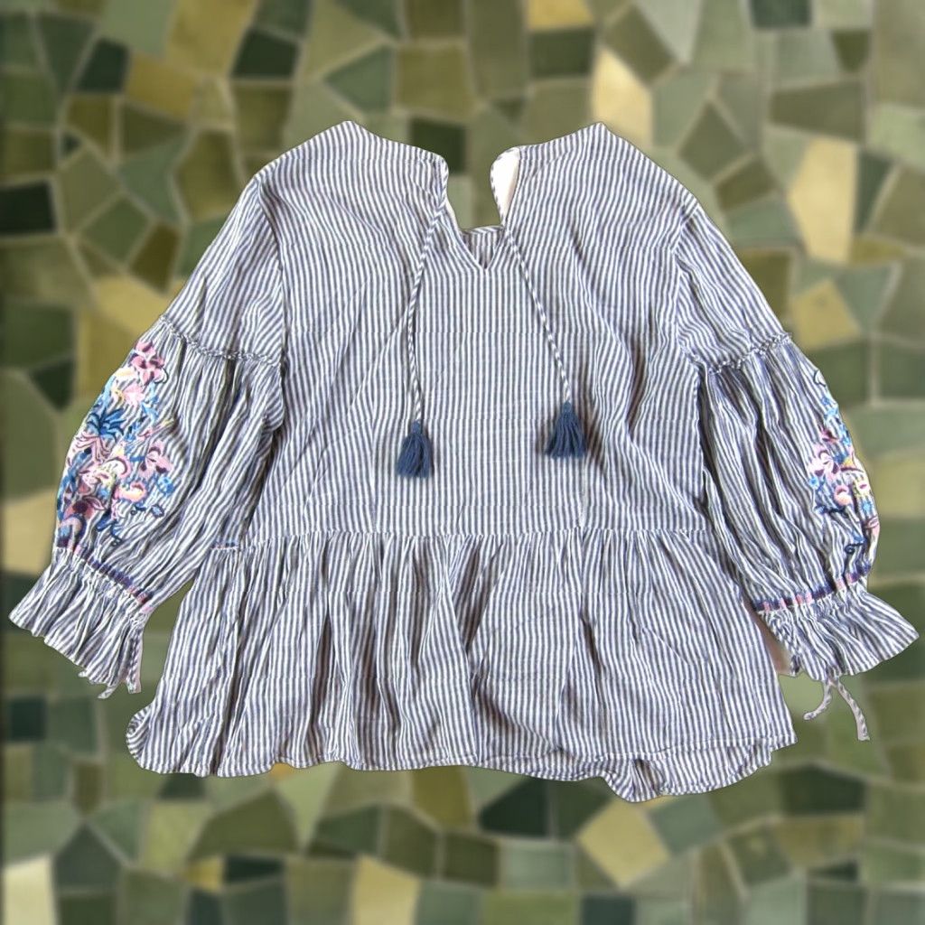 Vintage CASLON Blouse Tunic Women 1X Blue White Stripe Pink Embroidered Floral Casual Sleeves 3/4 Cotton Tunic Peasant Size XL / US 12-14 / IT 48-50 - 1 Thumbnail