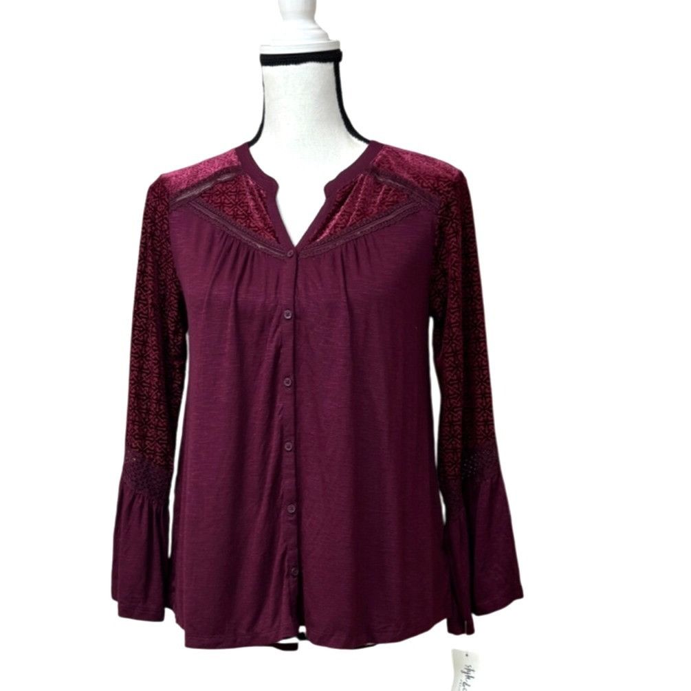 Style & Co Style & Co Petite Velvet-Trim Blouse, Scarlet Wine, Sz. PM Size ONE SIZE - 3 Thumbnail