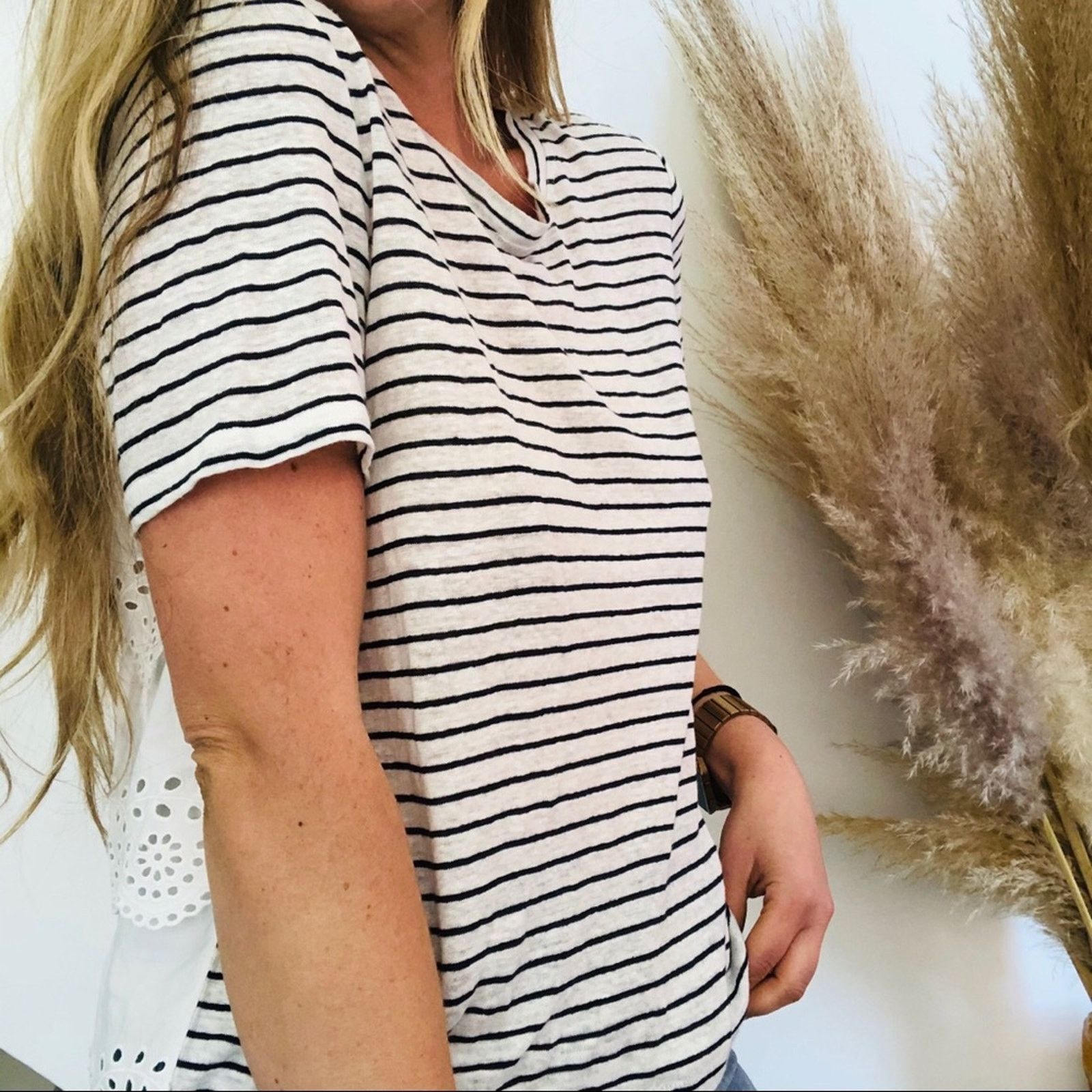 Joie JOIE White Blue Striped Ruffle Tiered Eyelet Lace Shirt Top Size S / US 4 / IT 40 - 6 Thumbnail