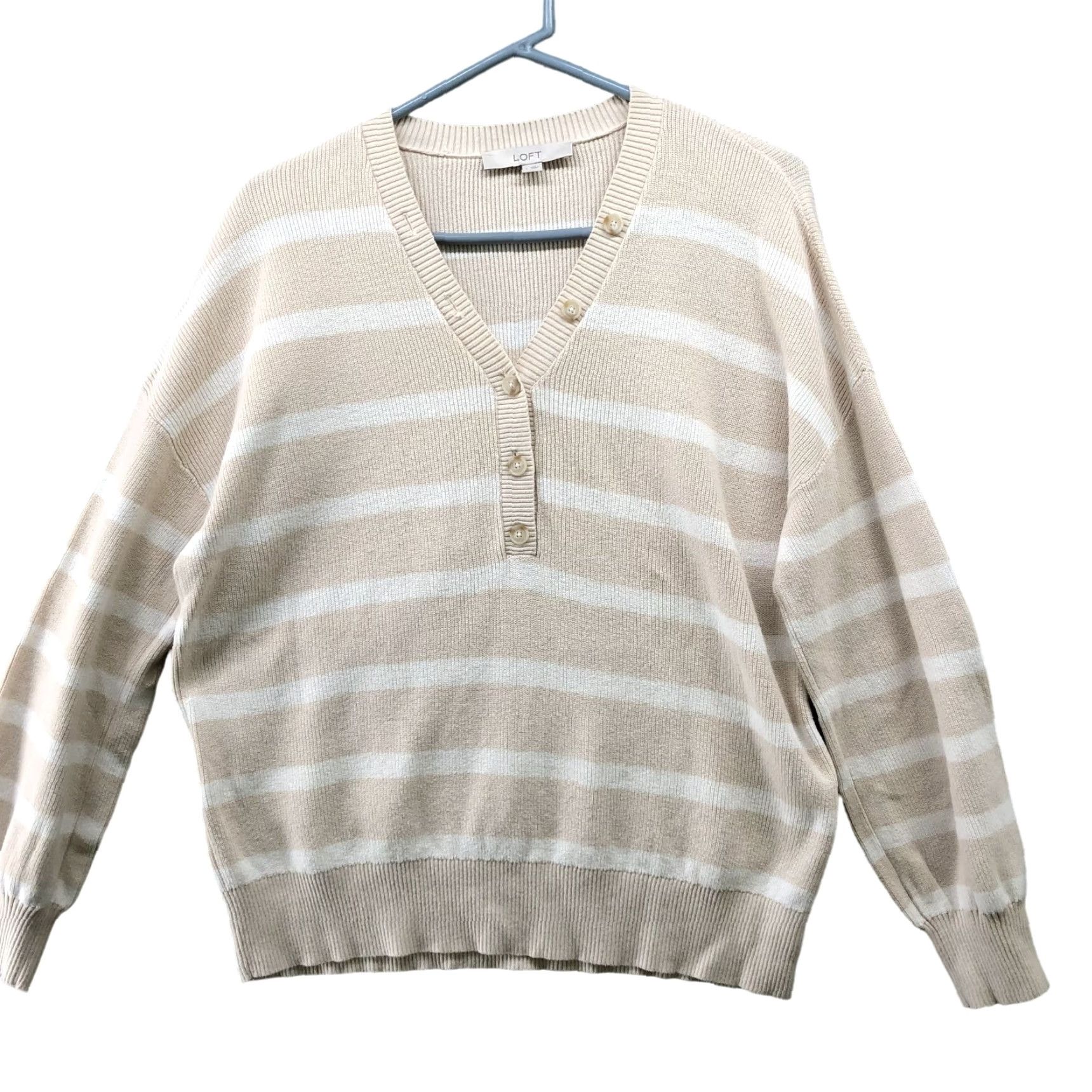 Loft Loft Sweater Womens L 1/4 Button Beige White Striped Cotton Pullover V-Neck Shirt Size L / US 10 / IT 46 - 2 Thumbnail