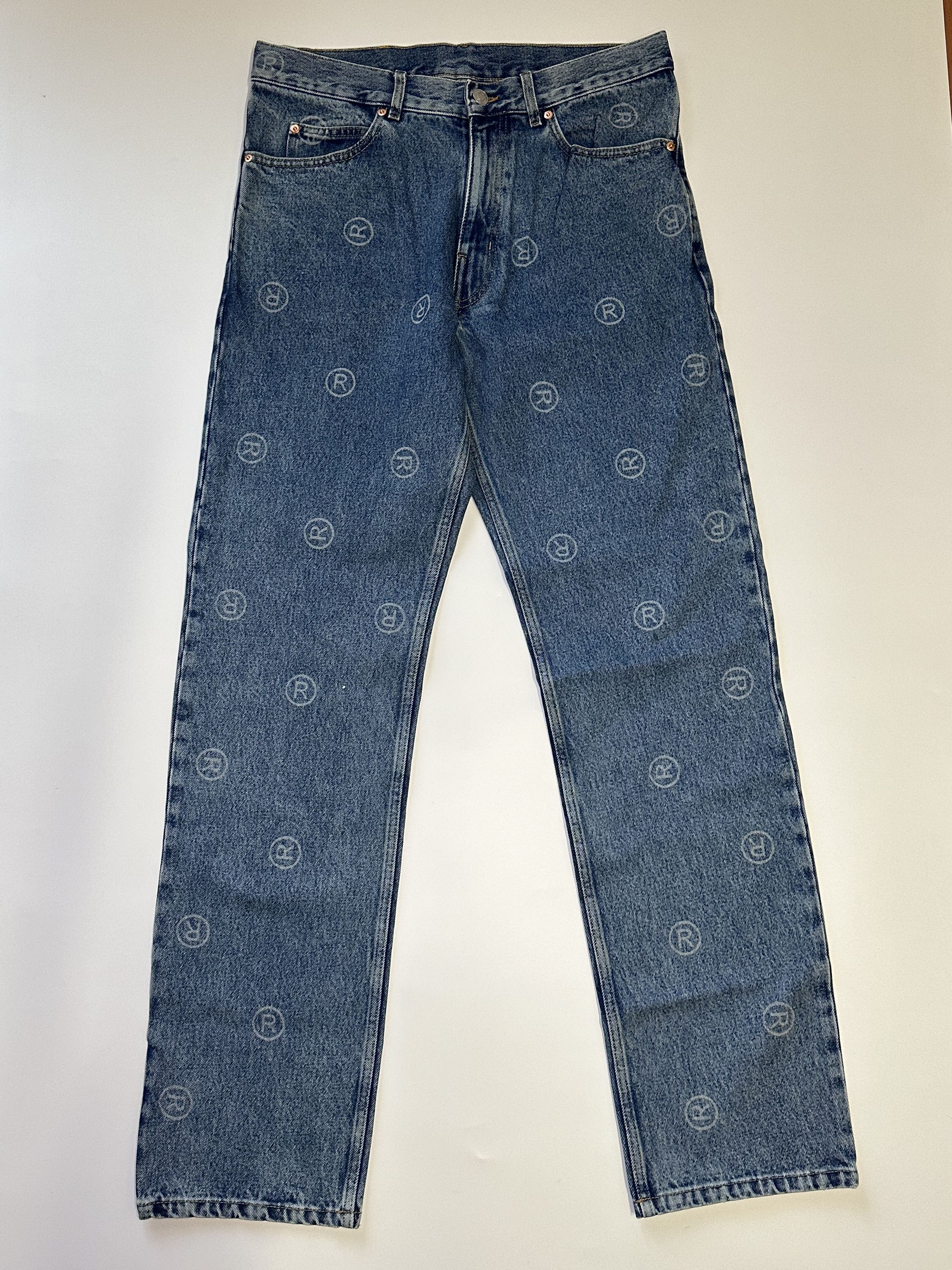 image of Martine Rose Logo Print Denim Pants (0861) in Blue, Men's (Size 32)