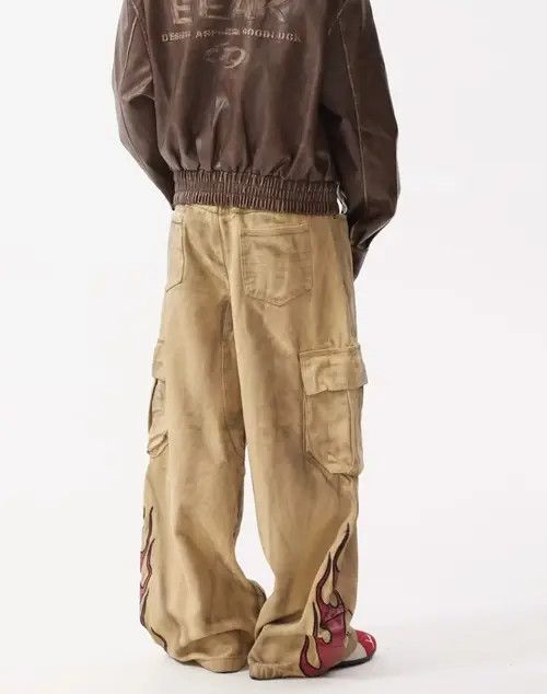 Japanese Brand × Jean Flame Embroidery Wide Leg Dirty Jean Size US 35 - 1 Thumbnail