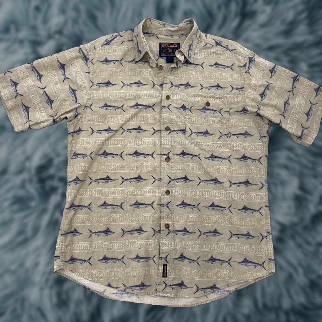 Vintage Woolrich Shirt Adult Large Tan Swordfish Short Sleeve Button-Up Fishing L Mens Regular 100% Cotton Khaki Pattern Swordfish Size US L / EU 52-54 / 3 - 1 Thumbnail