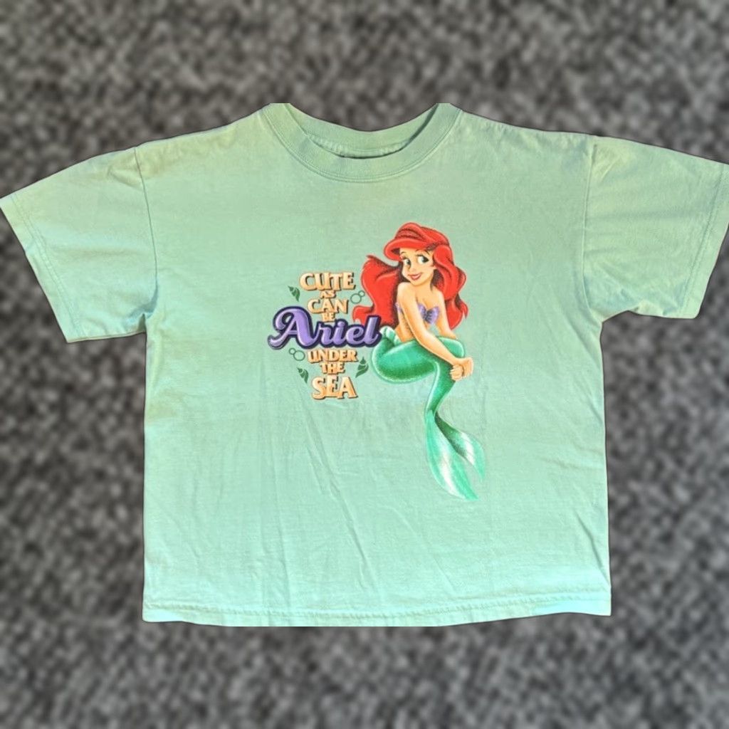 VINTAGE Disney The Little Mermaid Ariel Cute As Can Be T Shirt Girls M Green 1990s Cotton Long Sleeve