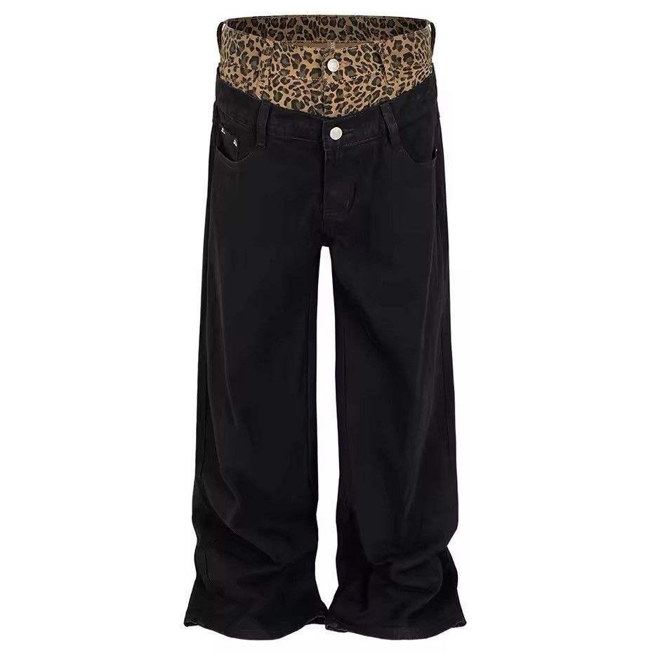 Jean × Vintage Leopard Patchwork Fake Two Piece Black Jeans Size US 30 / EU 46 - 1 Thumbnail