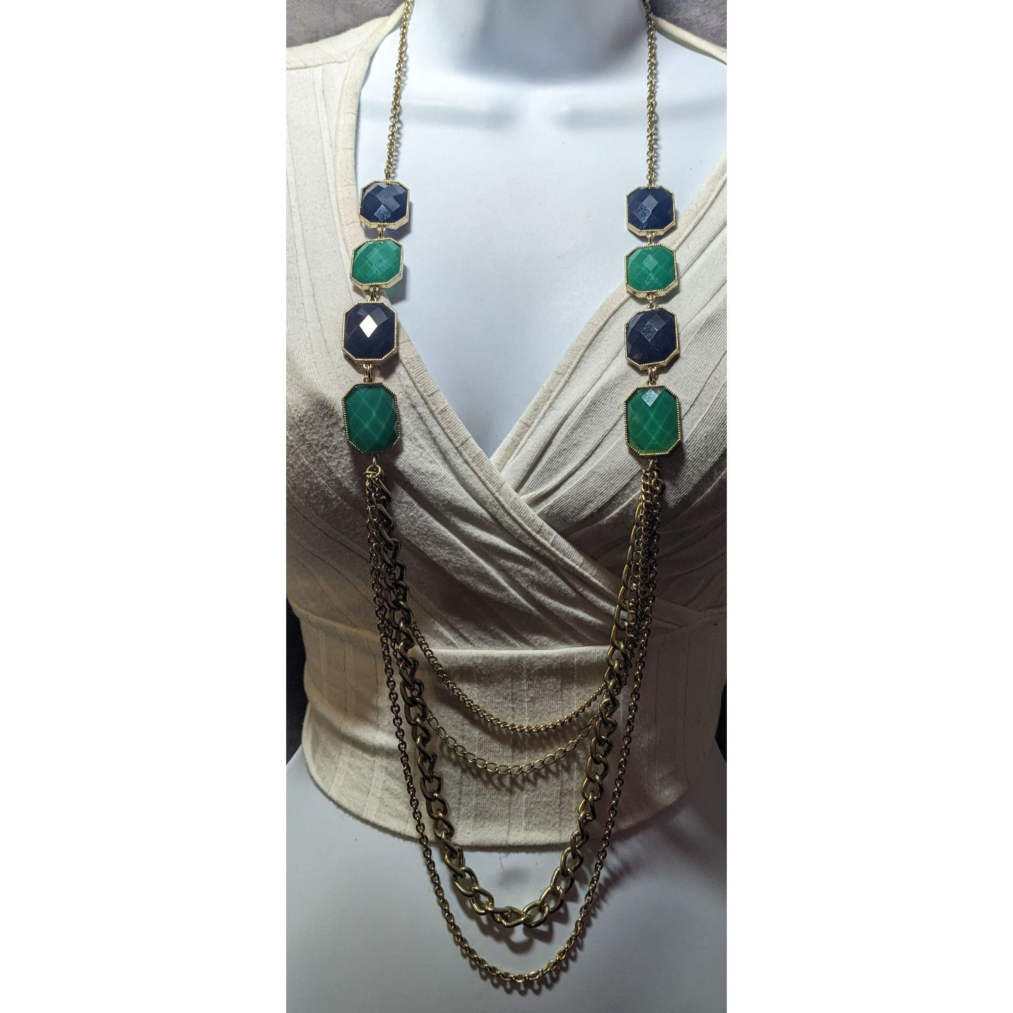 Other Y2k Chunky Glam Gold Tone Blue And Green Gemmed Multilayer S Size ONE SIZE - 2 Thumbnail