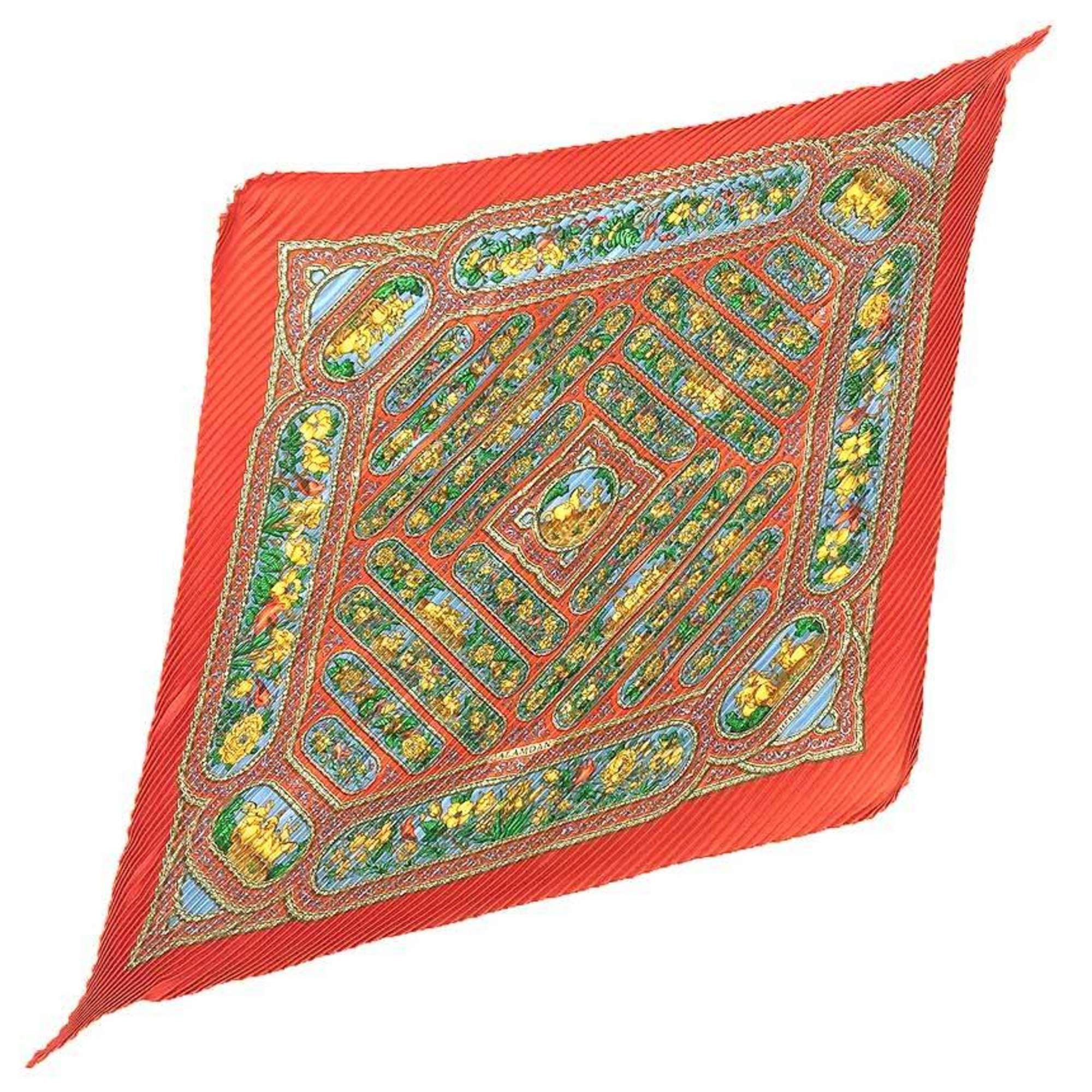 image of Hermes Pleated Scarf Muffler 100% Silk Qalamdan Plissee Carre 90 Orange Aq9441, Women's