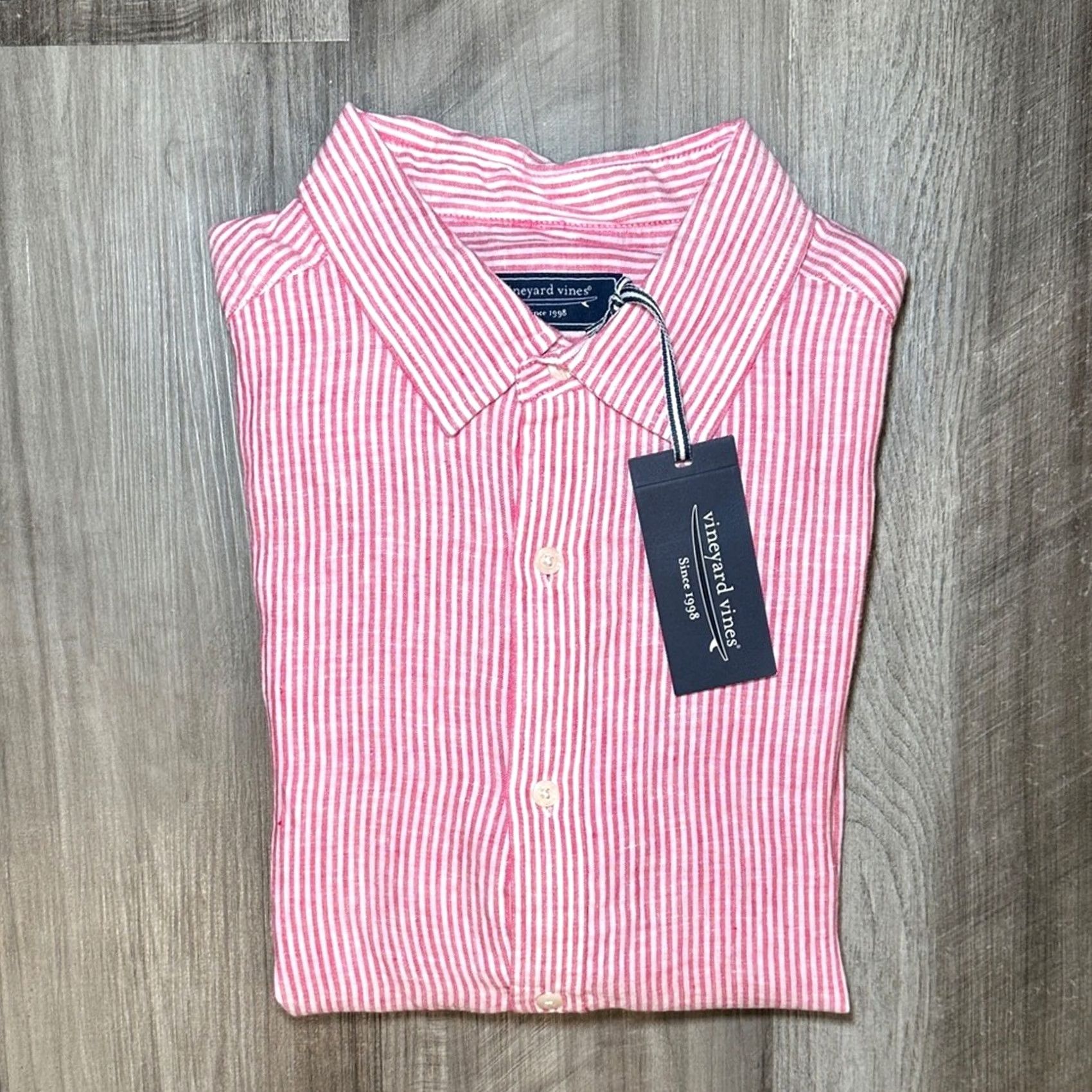 Vineyard Vines Vineyard Vines Linen Striped Lipstick Short Sleeve Button Down - Large Mens Shirt Pink Linen 100% Lipstick Striped S/S Jacket? Size US 33 - 2 Thumbnail