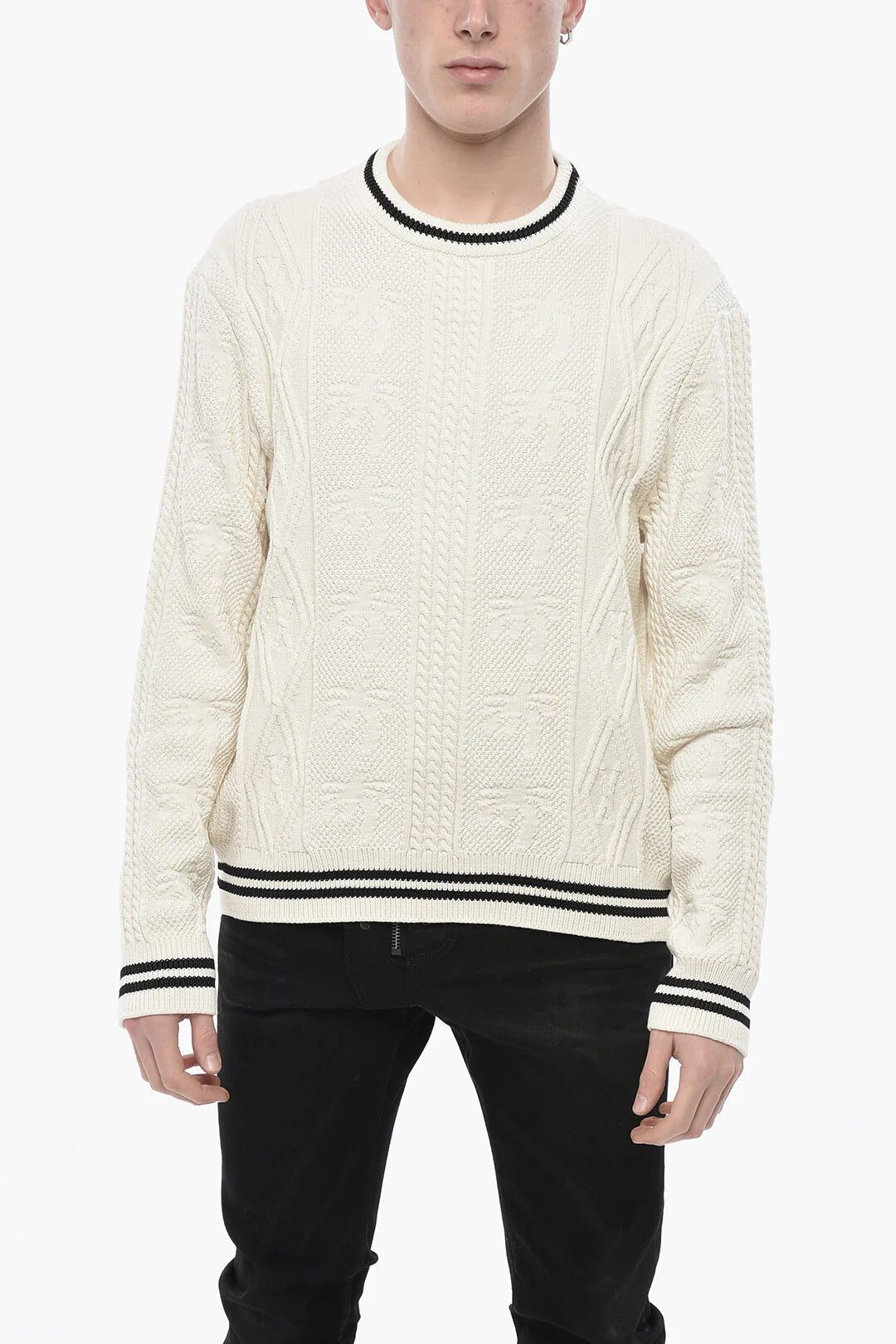 Palm Angels og1mm0326 Cotton-Blend Cable Knit Crewneck Sweater in white Size US S / EU 44-46 / 1 - 1 Thumbnail
