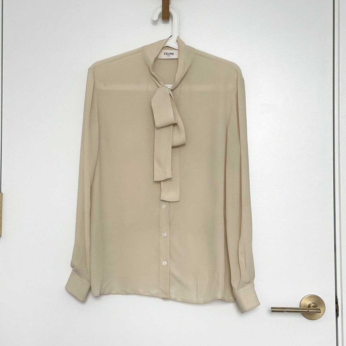 Image of Celine Lavaliere Silk Blouse in Beige, Women's (Size XS)