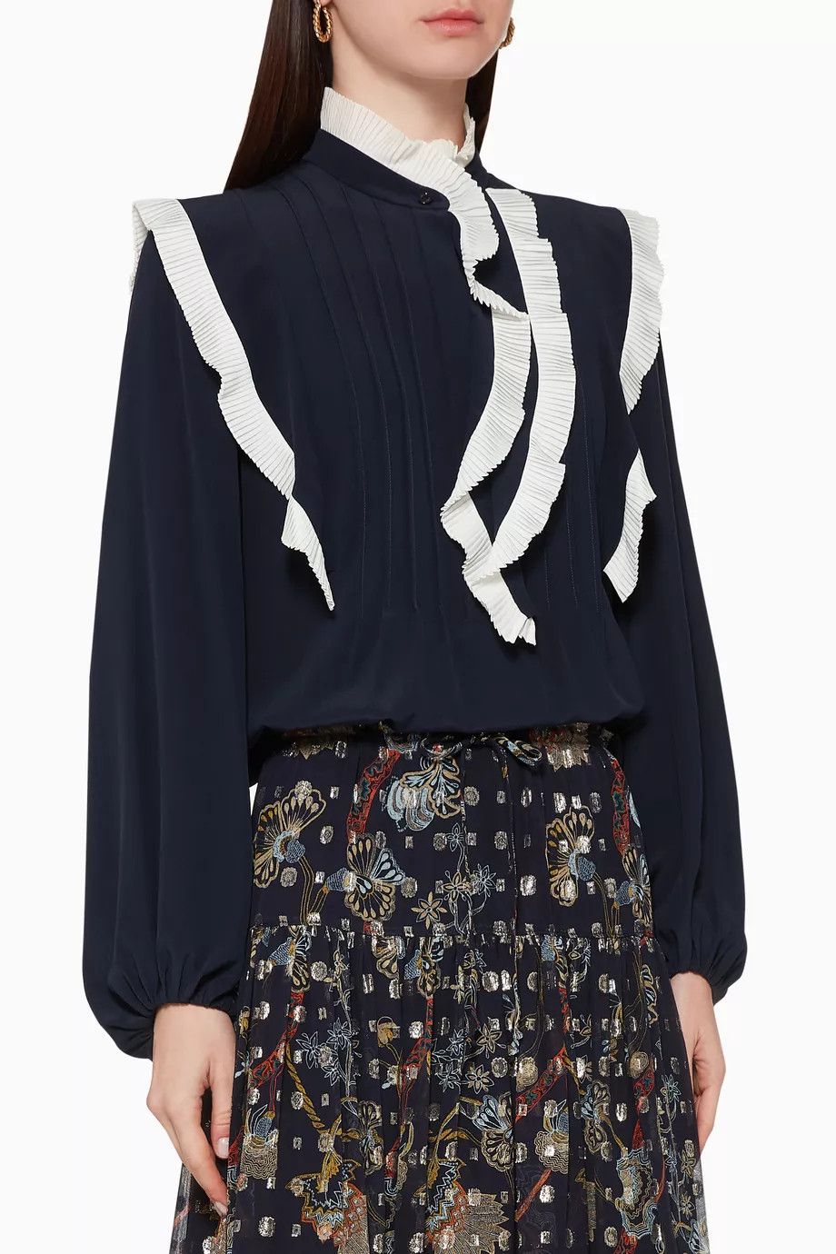 Chloe o1y0825 Silk Blouse in Midnight Blue/White Size S / US 4 / IT 40 - 1 Thumbnail