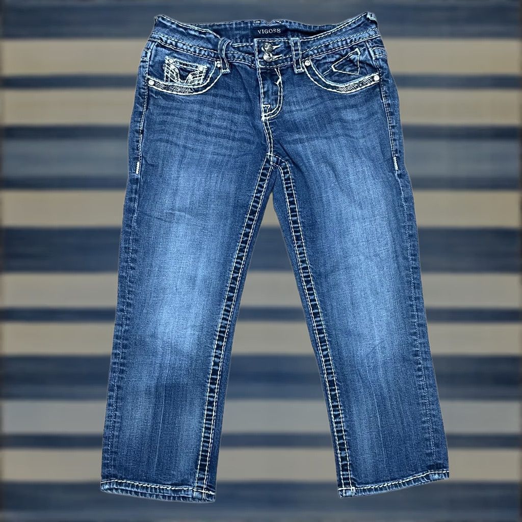 Vintage VIGOSS Jeans Capri Blue Studded Rhinestone Buttons Embroidered 3-4 28 Inseam 21in 5-Pocket Womens Capris Size 28" / US 6 / IT 42 - 1 Thumbnail