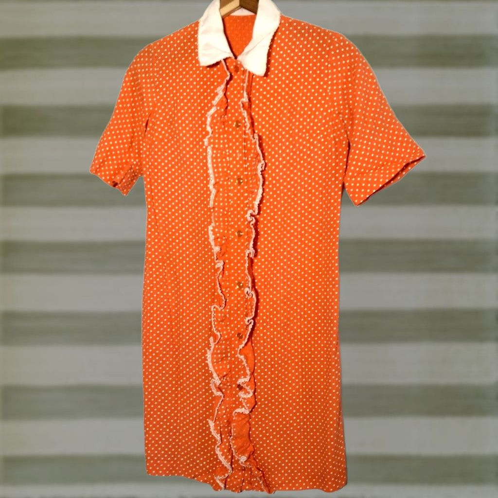 Vintage VINTAGE House Dress Shirt Womens Midi Orange Polka Dot Short Sleeve Collared Button 1960s Mod Crew Neck? Size 28" / US 6 / IT 42 - 1 Thumbnail
