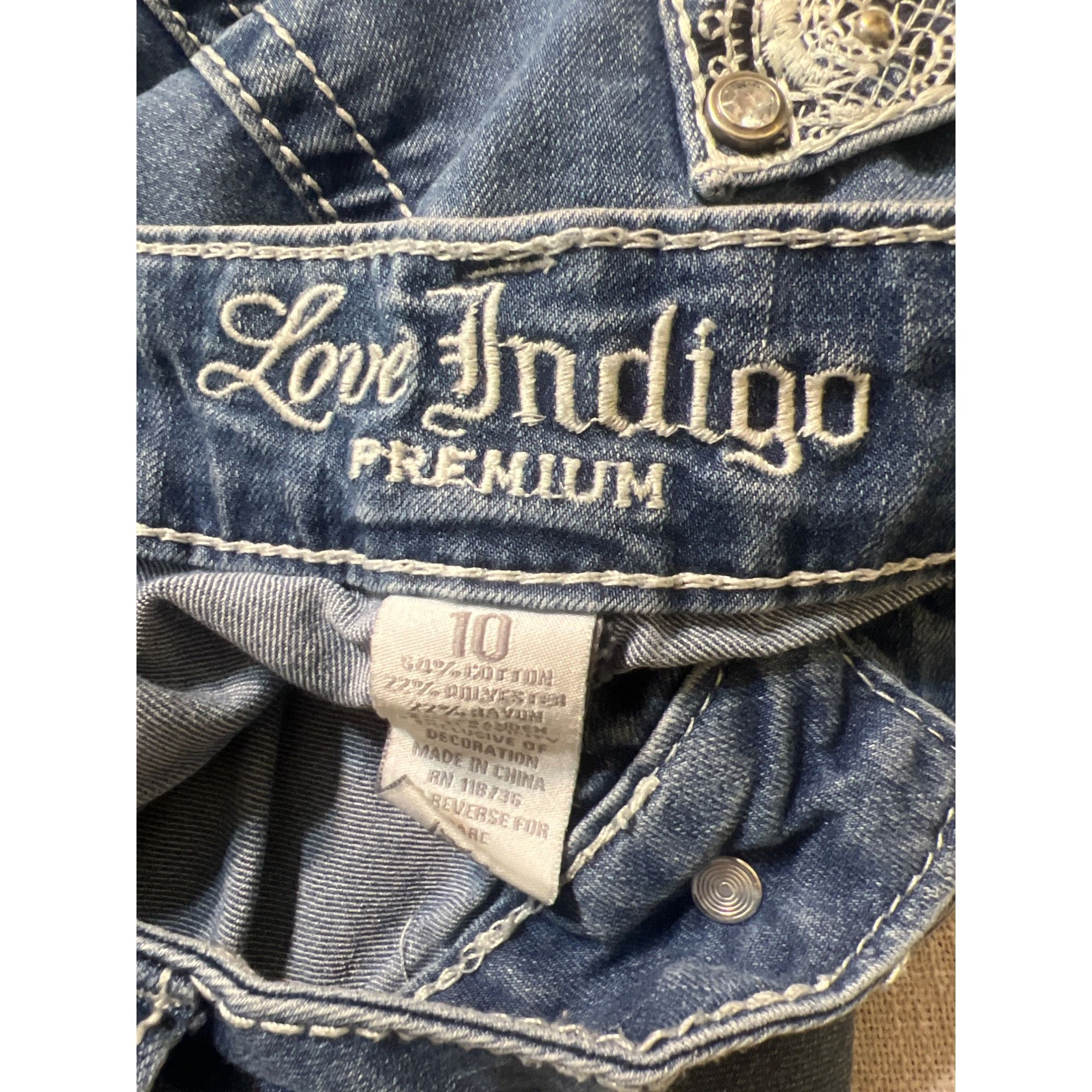 Other Love Indigo Embroidered Denim Capri Jeans Rhinestones Thick Size 32" / US 10 / IT 46 - 4 Thumbnail