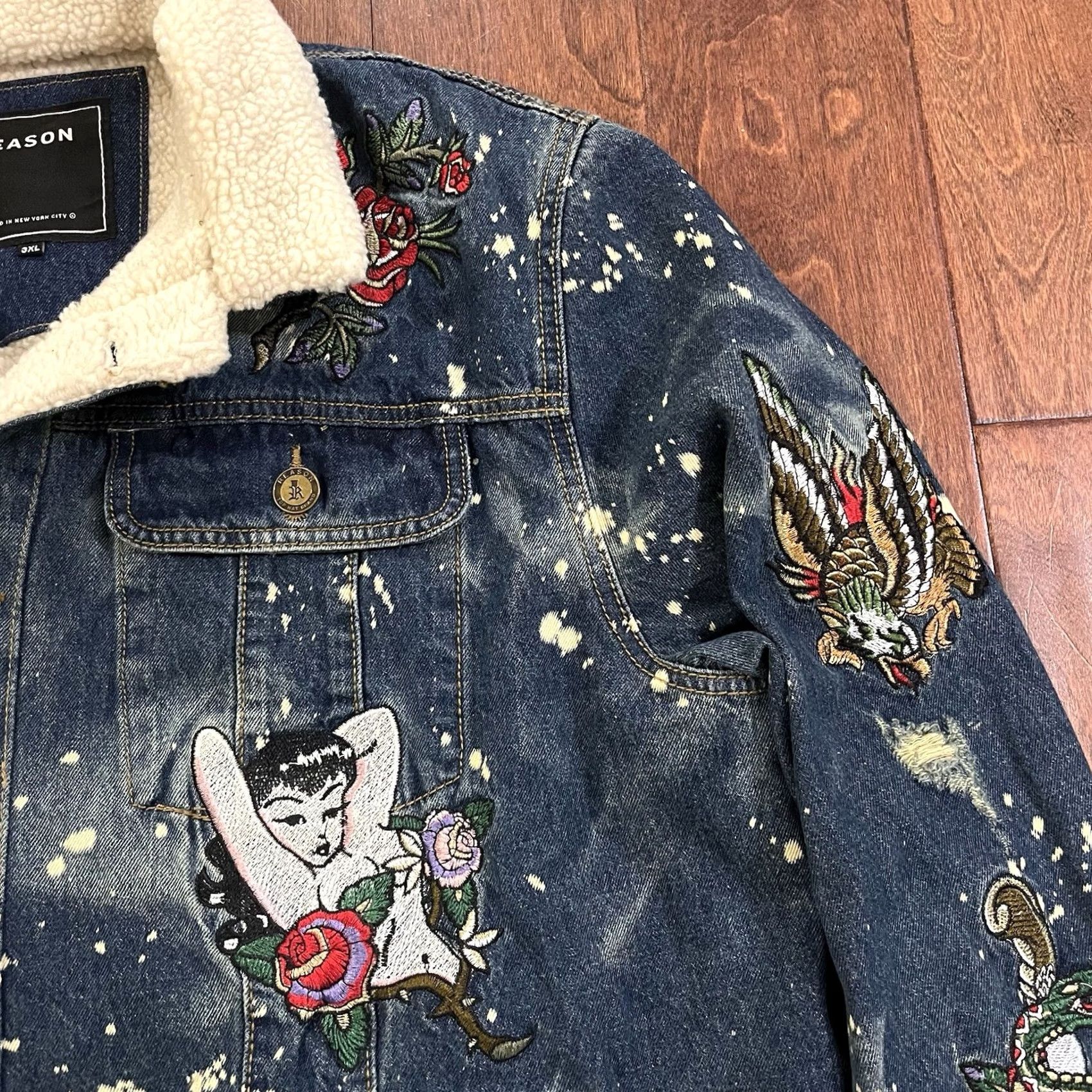 Reason Reason Denim Sherpa Trucker Jean Jacket 3XL Death Before Dishonor Embroidered Mens Jacket Bomber Denim Blue Size US 39 - 5 Thumbnail