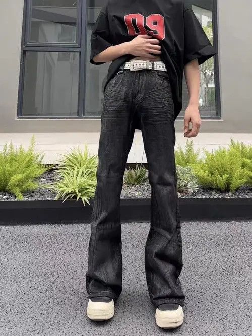 image of High Street Washed Black Micro Flared Coated Jeans, Men's (Size 32)