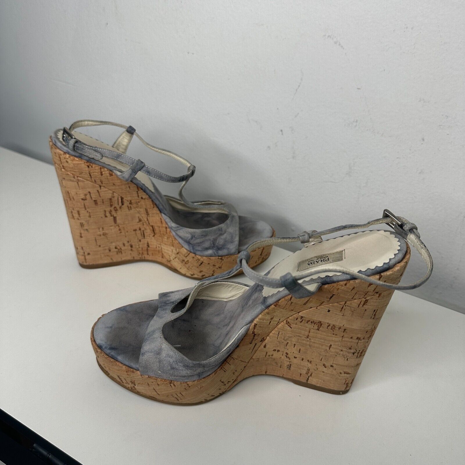 Prada Prada Blue Suede Tan Cork Wedge Sandals Ankle Espadrilles 38 Size US 8 / IT 38 - 7 Thumbnail