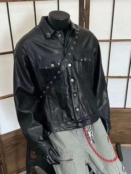 VIBE Vintage Street Punk Button Down PU Leather Jacket Coat Size US XL / EU 56 / 4 - 2 Thumbnail