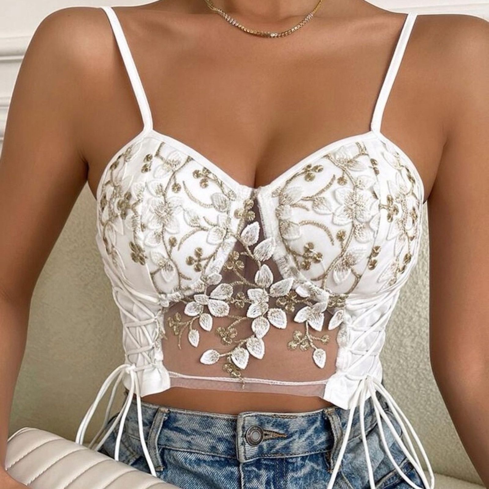 Other New Y2K Chic White Floral Lace-Up Crop Top size S Size S / US 4 / IT 40 - 1 Thumbnail