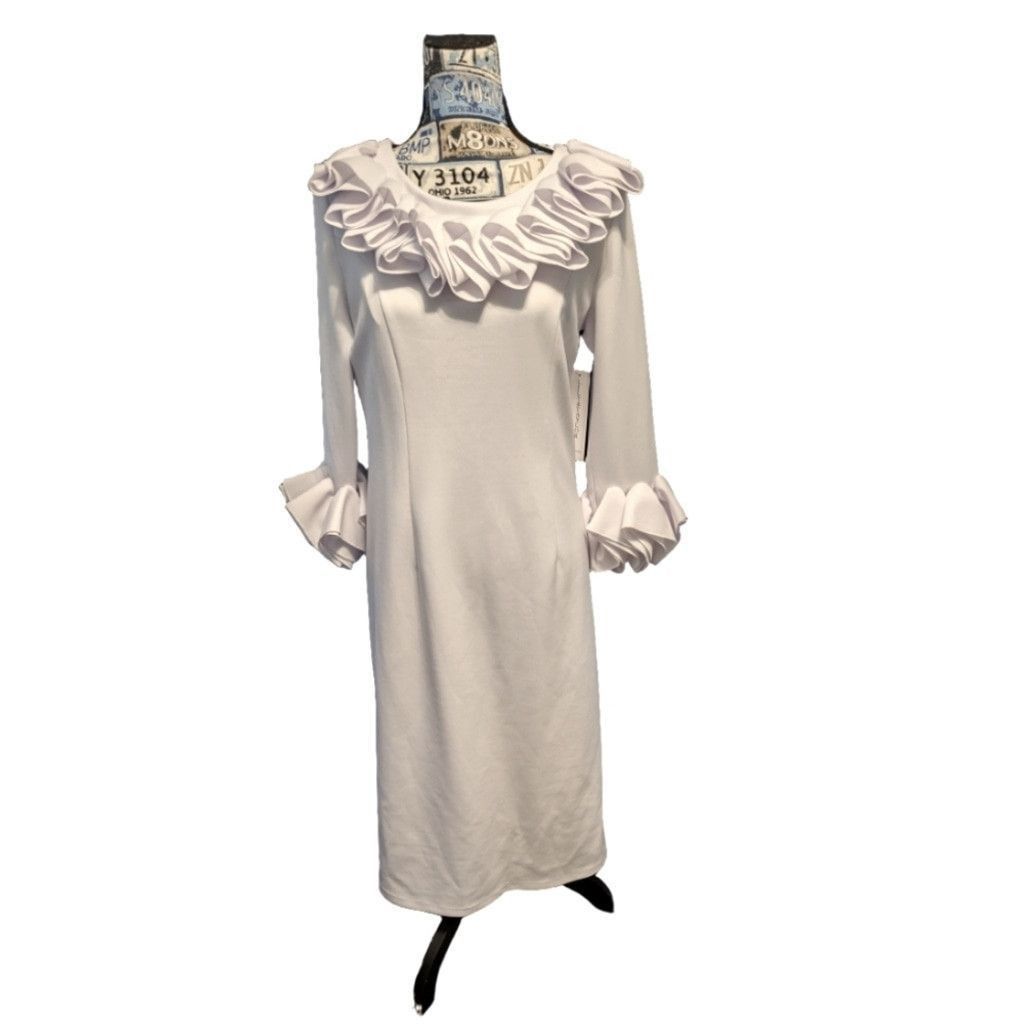 Other Lily & Taylor White Ponte Knit Shift Dress With Ruffles Sz 4 Size S / US 4 / IT 40 - 2 Thumbnail