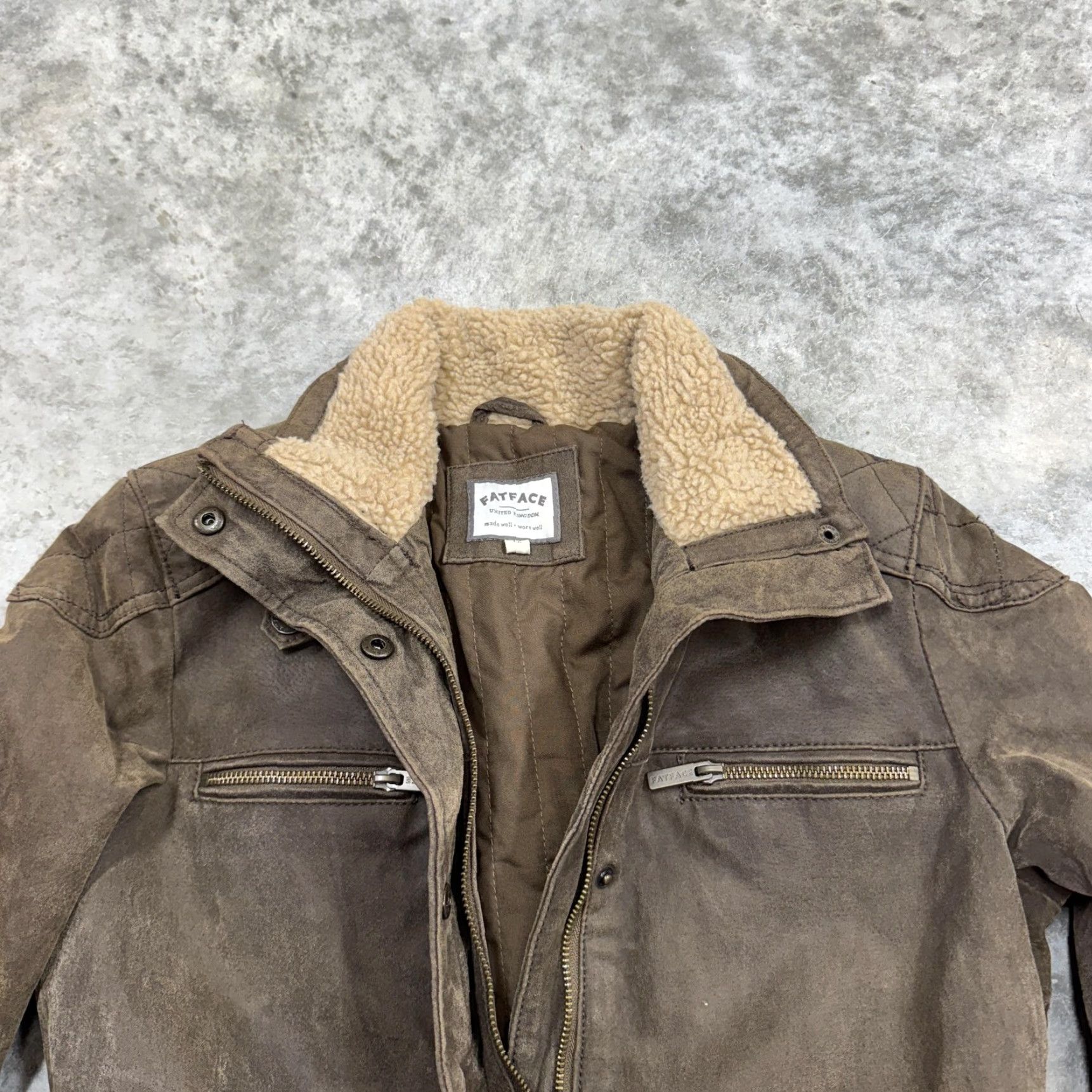 FatFace FatFace Leather Jacket Womens 12 Brown Belted Moto Sherpa Collar Zip Pockets Size XL / US 12-14 / IT 48-50 - 4 Thumbnail