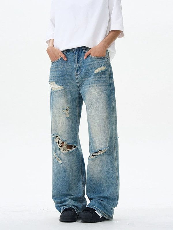 Japanese Brand × Jean Men's high street trend ripped distressed straight jeans Size US 32 / EU 48 - 2 Thumbnail