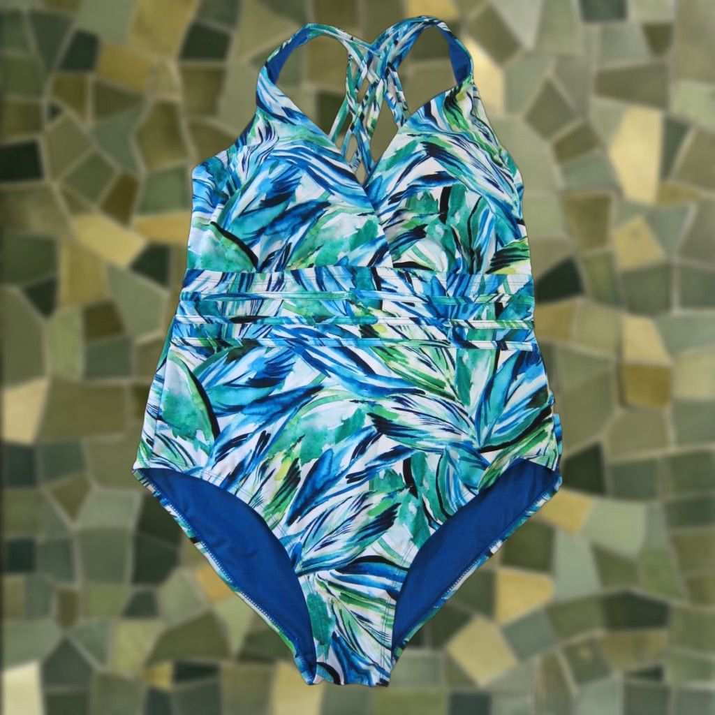 Vintage Terra & Sky One Piece Swimsuit Women 1X Blue White Green Floral Slimming Compression 80s 90s Vintage Theme Mens Womens Girls Boys Size ONE SIZE - 1 Thumbnail