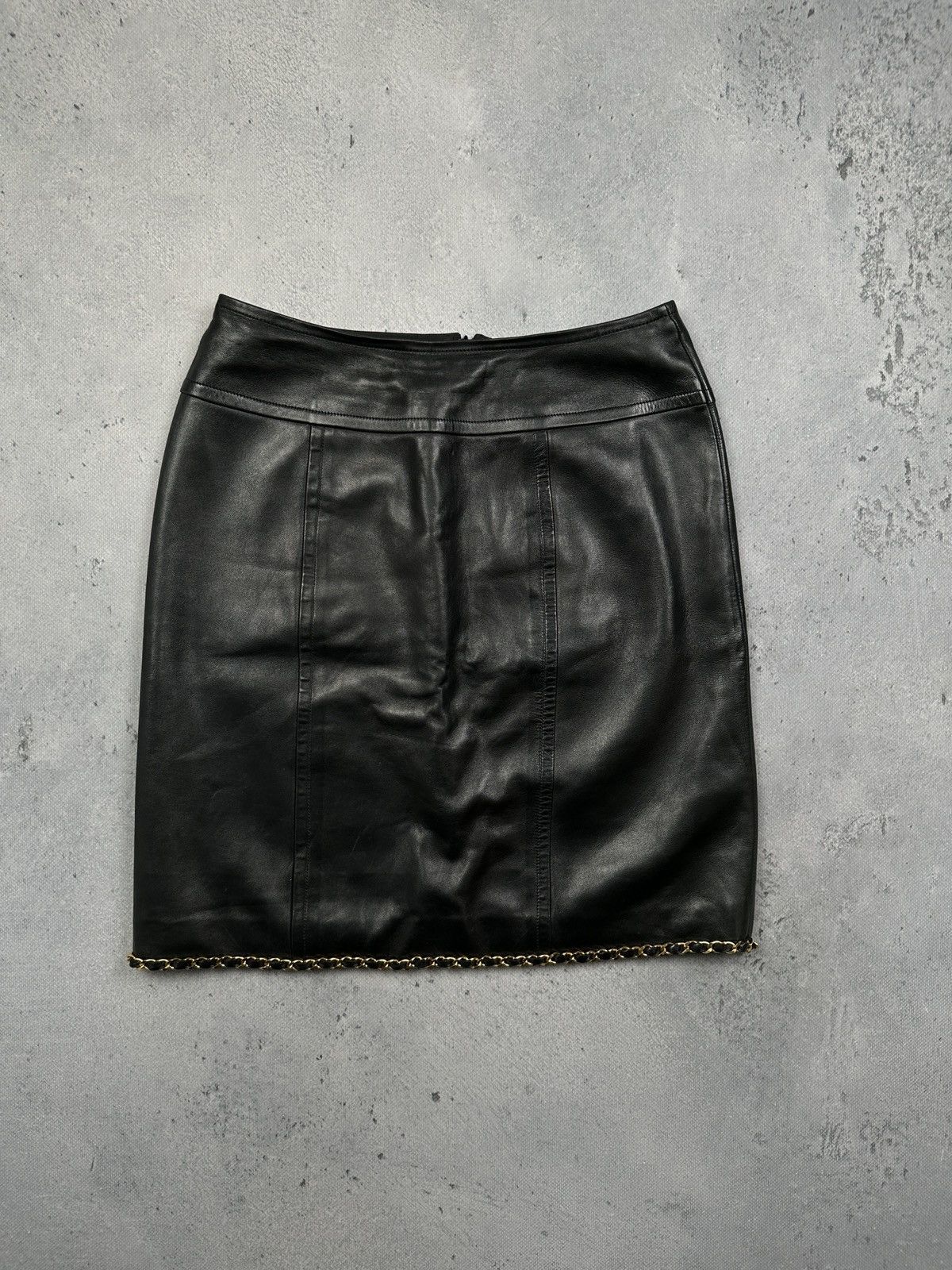 Vintage Chanel Boutique Black Leather Skirt Gold Chain Trim
