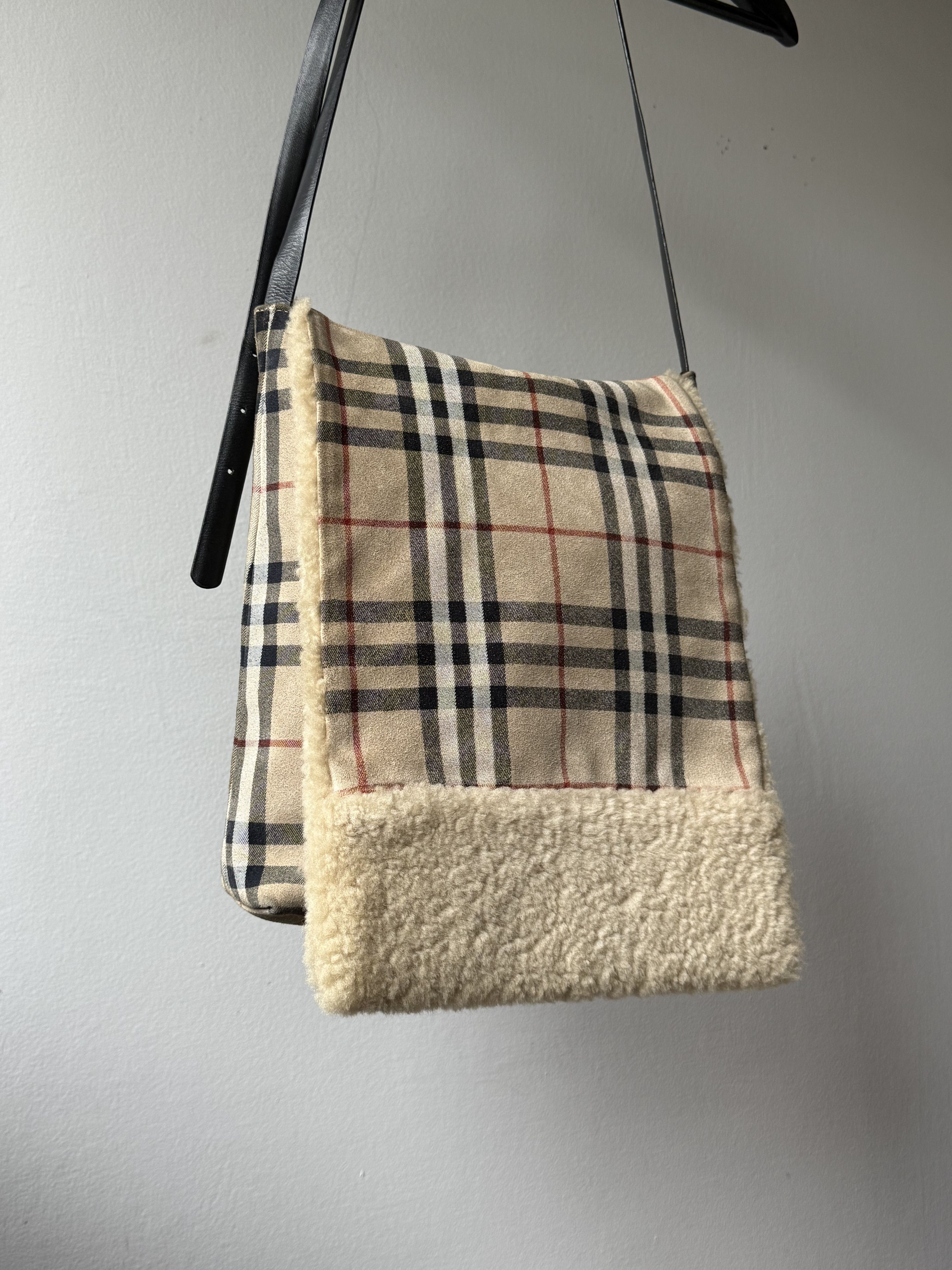 Burberry Burberry Nova Check Suede Shearling Shoulder Open Flap Bag Size ONE SIZE - 4 Thumbnail