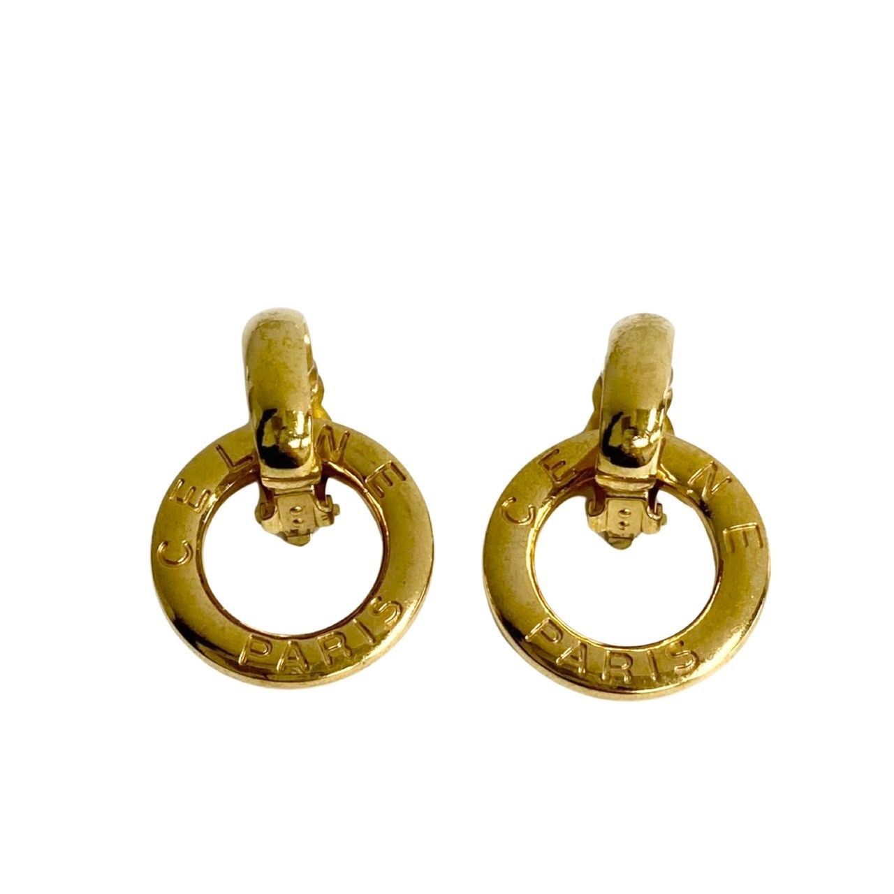 image of Celine Logo Hoop Clip On Earrings in Gold, Women's