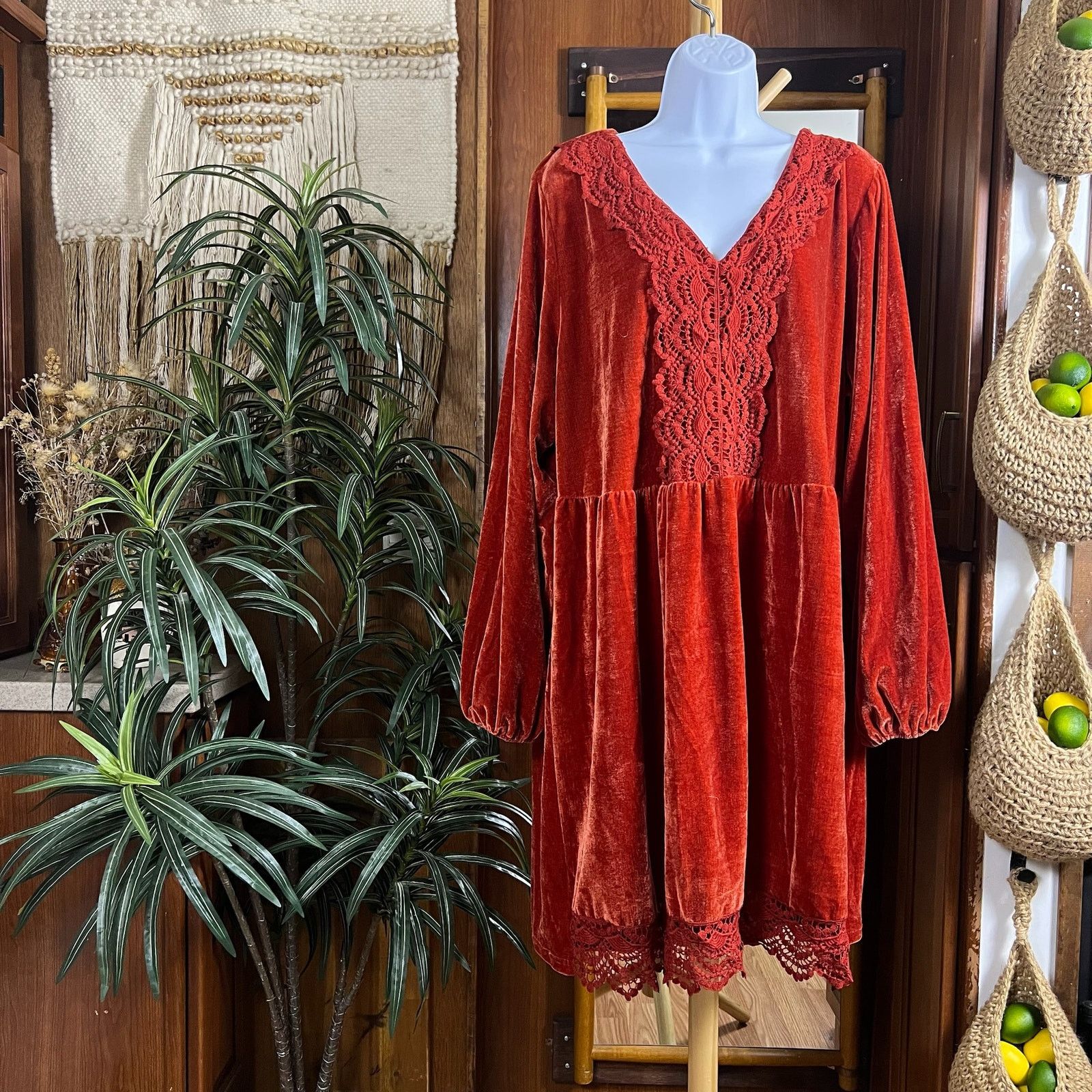 Rusty Rust Velvet Lace Mini Dress 3XL – Boho Witchy Romantic Size 3XL / US 20-22 - 1 Thumbnail
