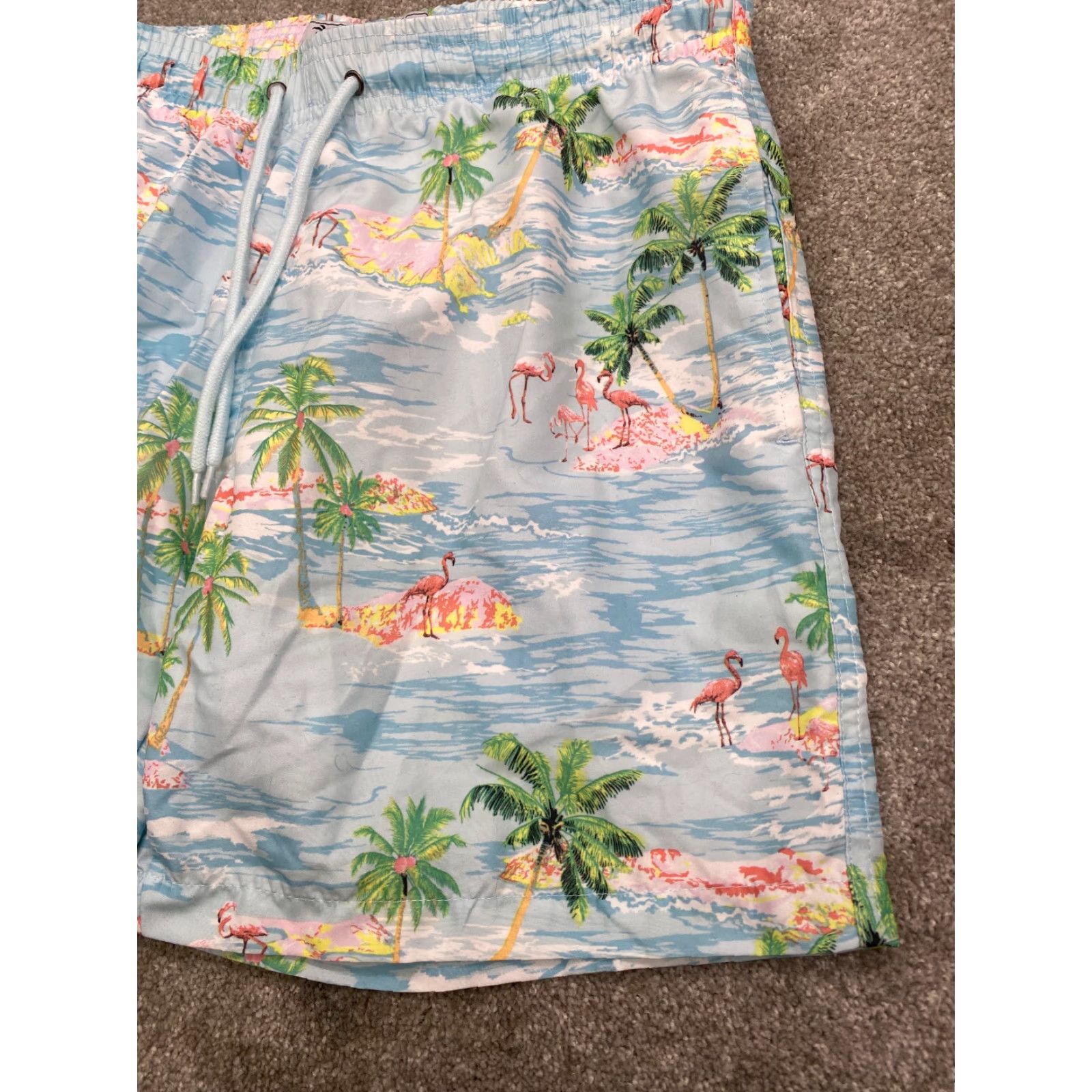 Vintage NWT Free Planet Flamingo Surf Swim Trunks Mens M Lt Blue Tropical Island Beach Size US 31 - 3 Thumbnail