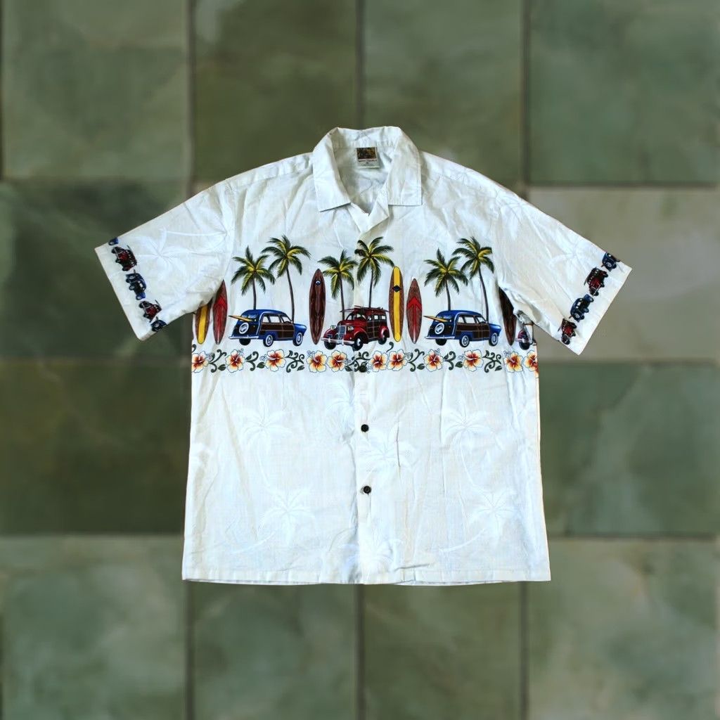 Vintage WINNIE FASHION MENS XL SHIRT HAWAIIAN SURFING COTTON IVORY BUTTON-UP SHORT SLEEVE CAR THEME Size US XL / EU 56 / 4 - 1 Thumbnail