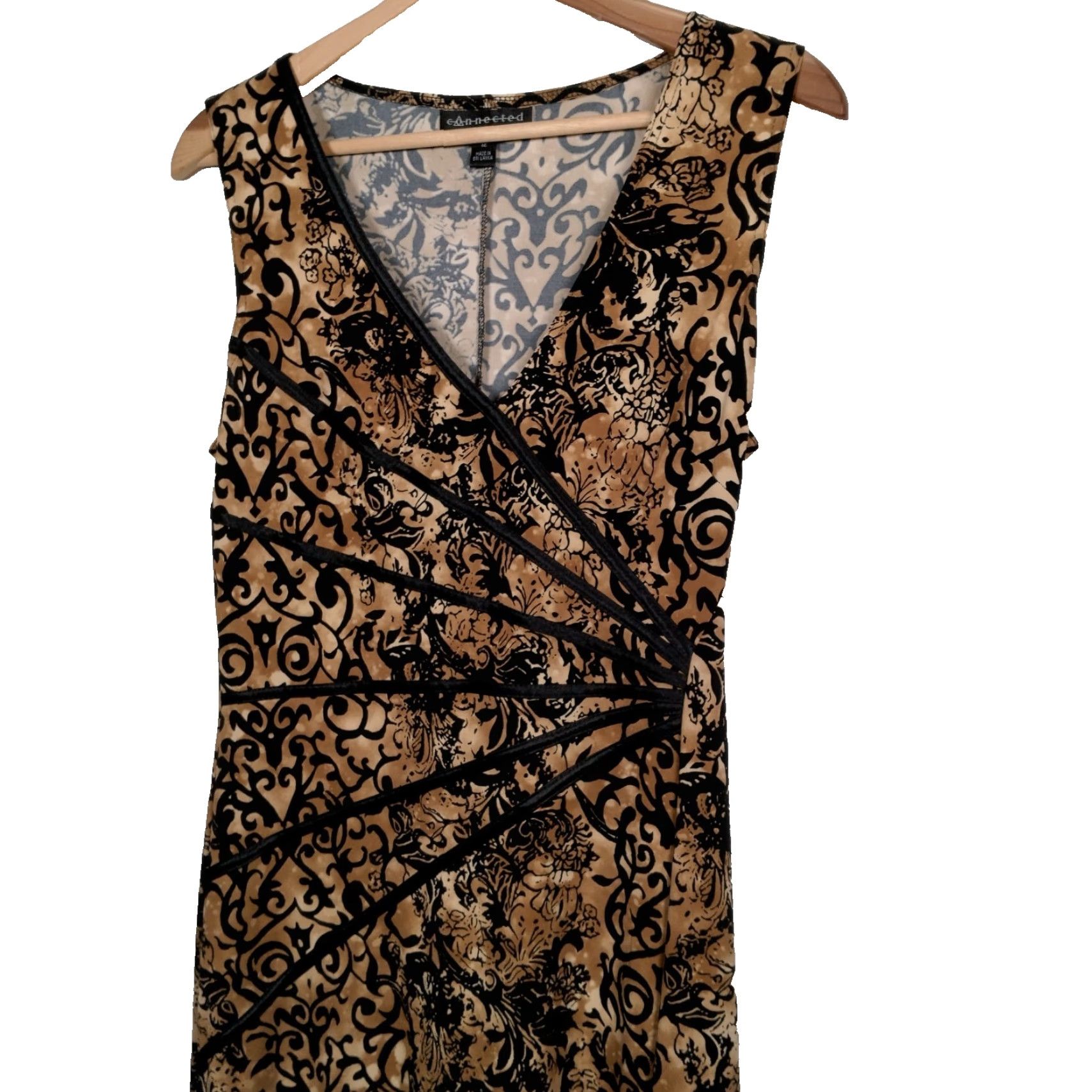 Vintage VINTAGE Connected Apparel Dress Midi Sleeveless V Neck Brown Black Tuscan 12 Women's Polyester Stretch Slimming Reused? Size XL / US 12-14 / IT 48-50 - 5 Thumbnail