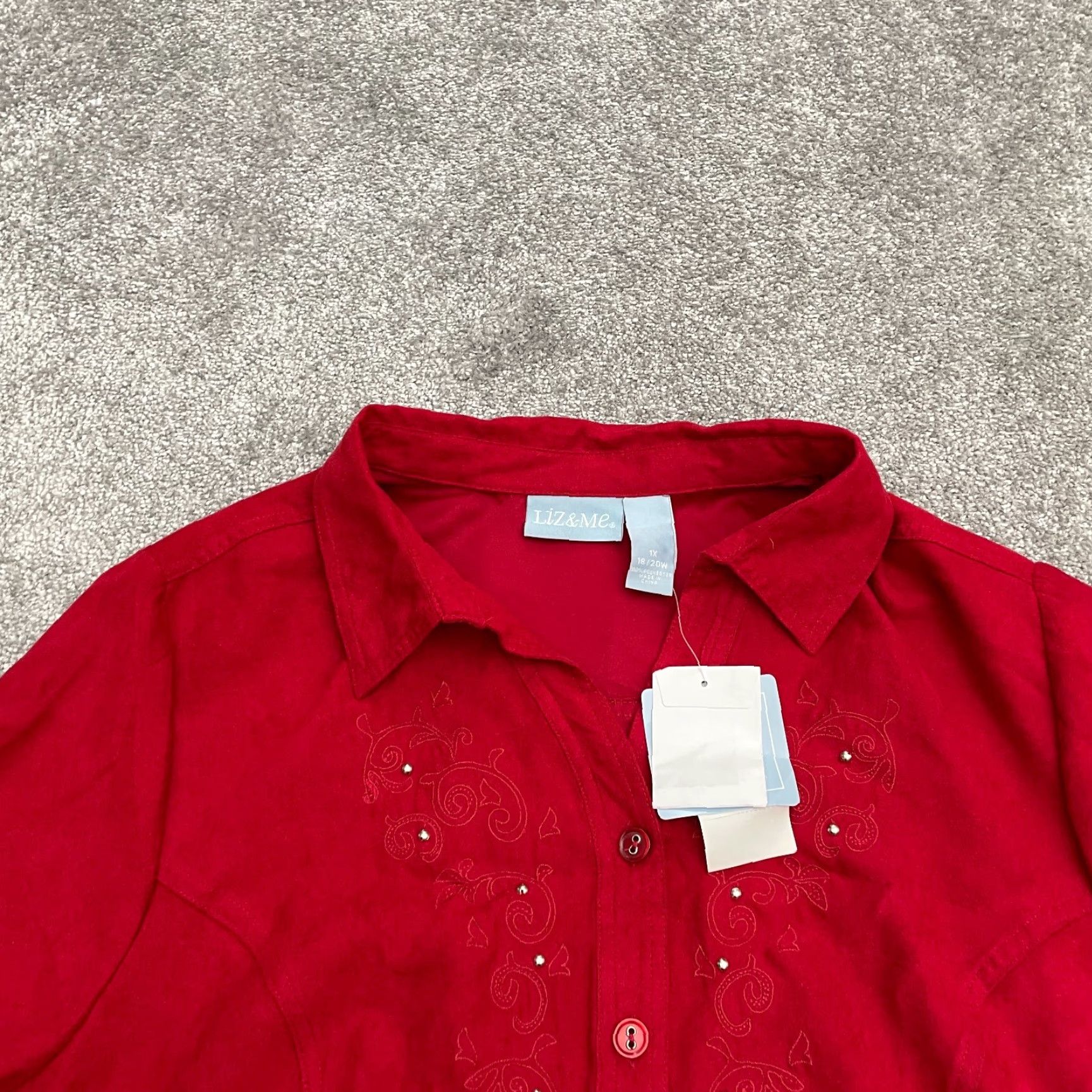 Vintage Liz & Me Shirt Womens XL Red Long Sleeve Button-Up Embroidered Studded NWT New Velvet Suede Fashion? Size XL / US 12-14 / IT 48-50 - 3 Thumbnail