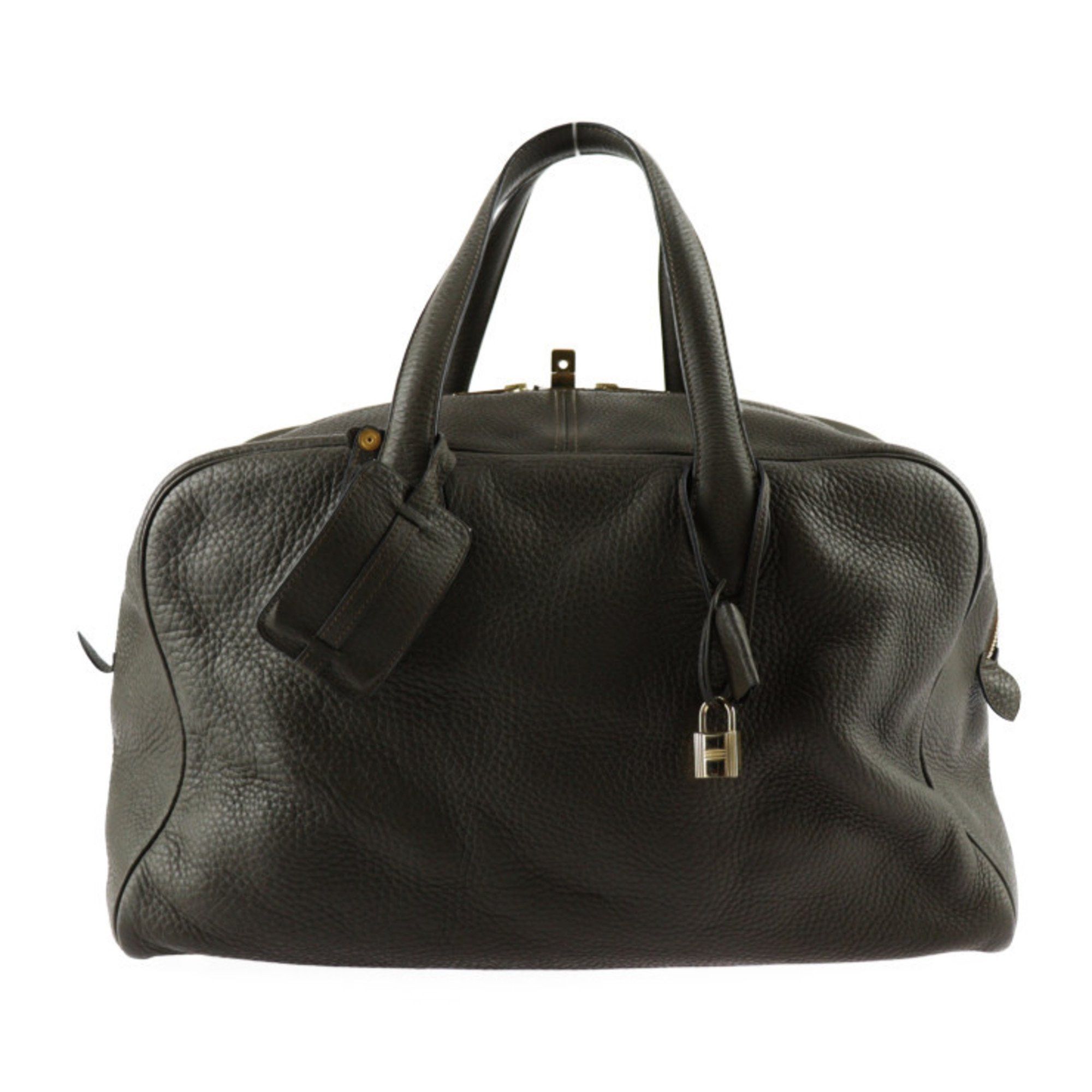 image of Hermes Victoria 43 Boston Bag Taurillon Clemence Dark Olive Handbag □E Stamp, Women's